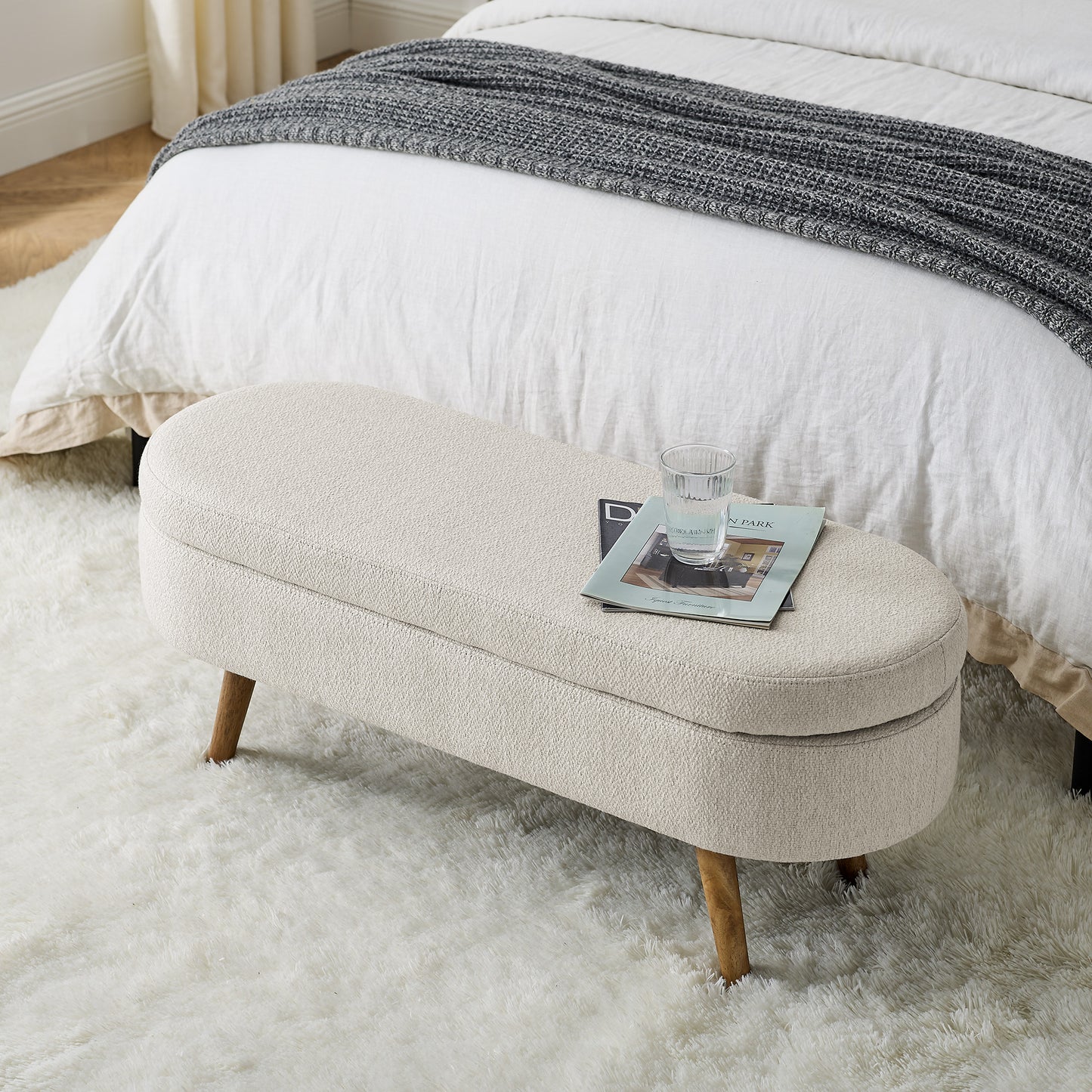 Oval Shaped Ottoman Linen Storage Bench with Wooden Legs- Beige_2