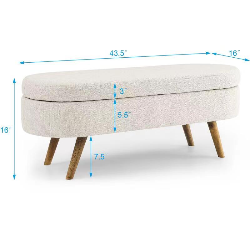 Oval Shaped Ottoman Linen Storage Bench with Wooden Legs- Beige_12