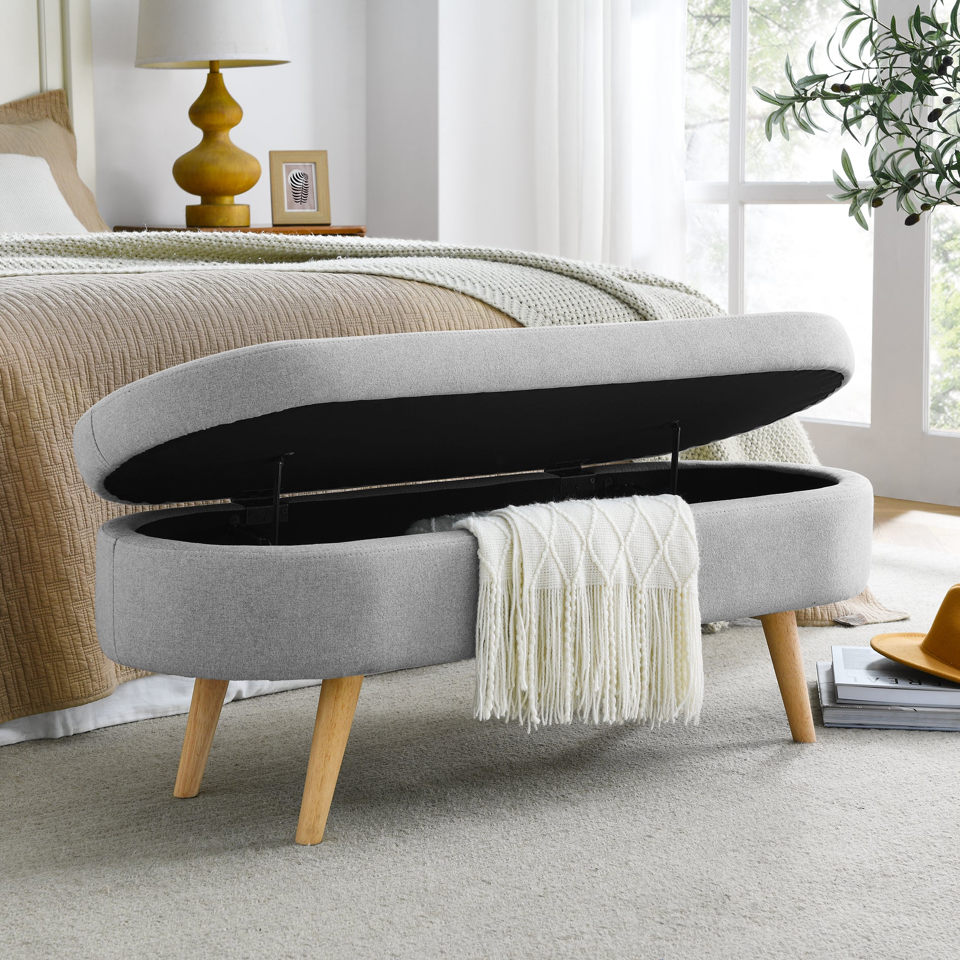 Oval Shaped Ottoman Linen Storage Bench with Wooden Legs- Grey_5