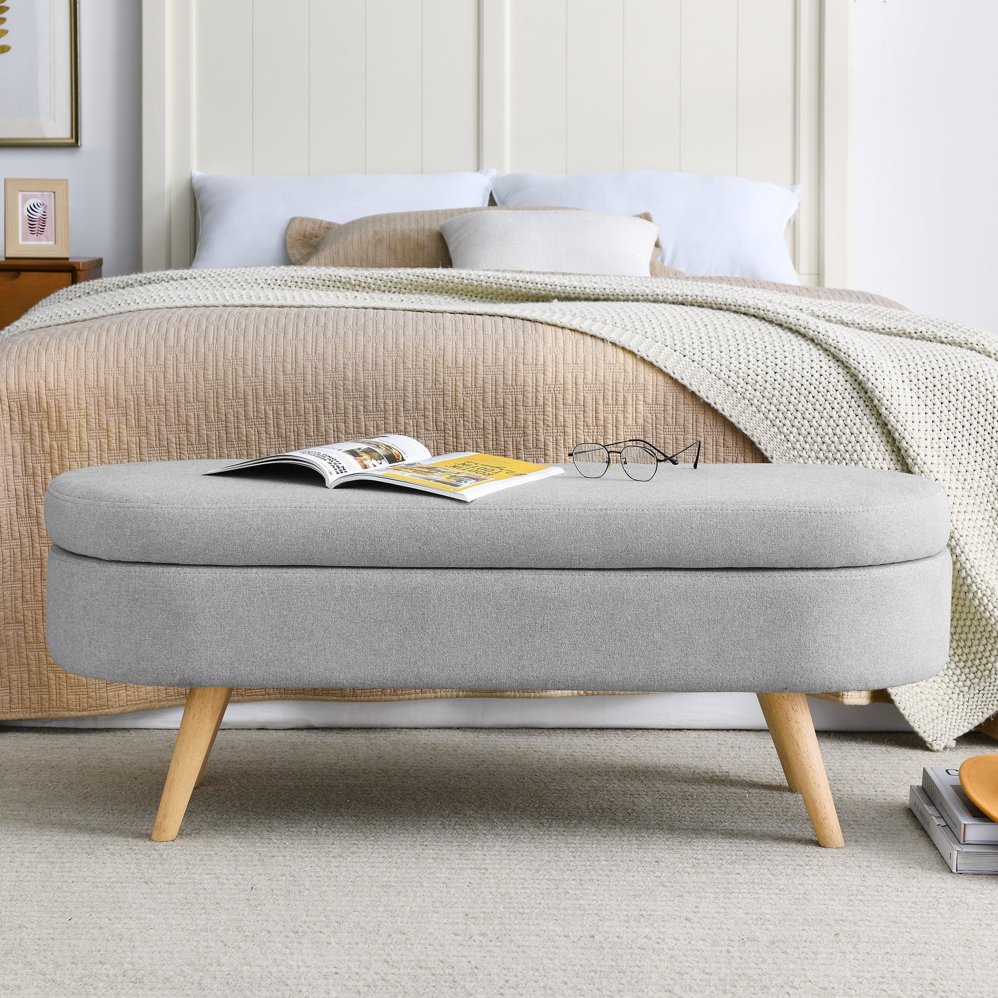 Oval Shaped Ottoman Linen Storage Bench with Wooden Legs- Grey_3