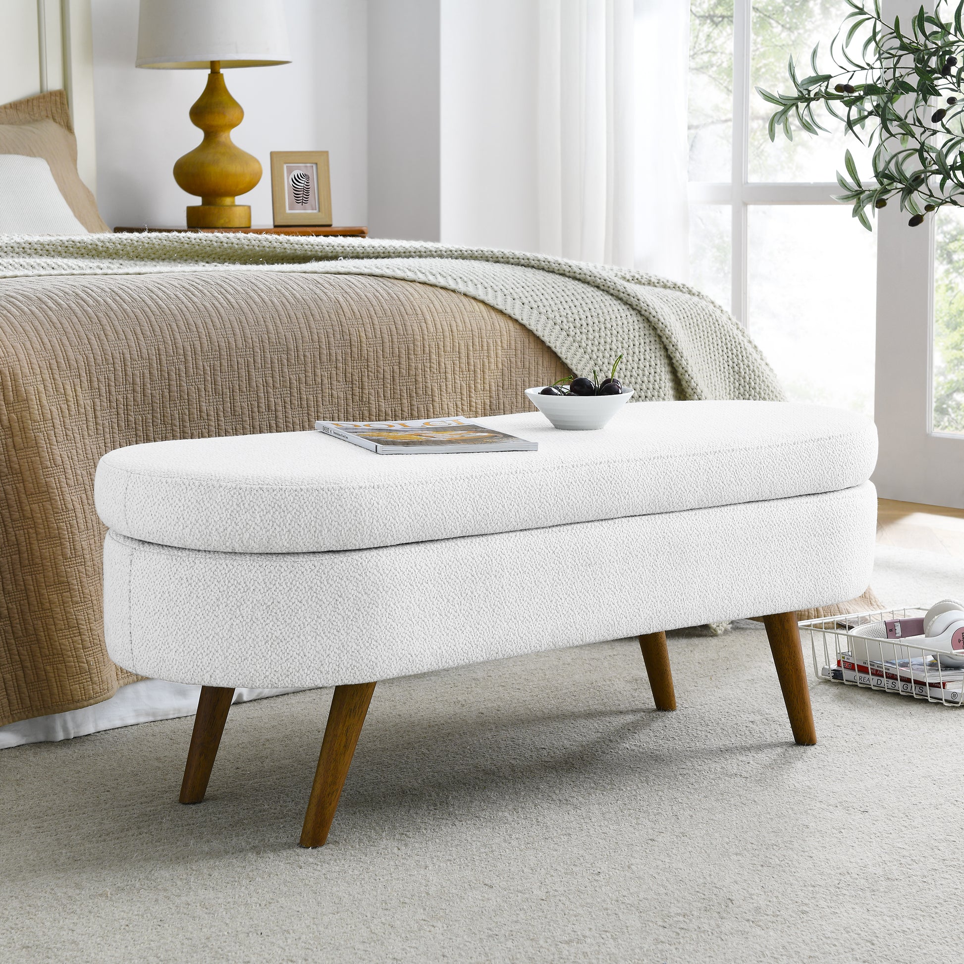 Oval Shaped Ottoman Linen Storage Bench with Wooden Legs- White_2