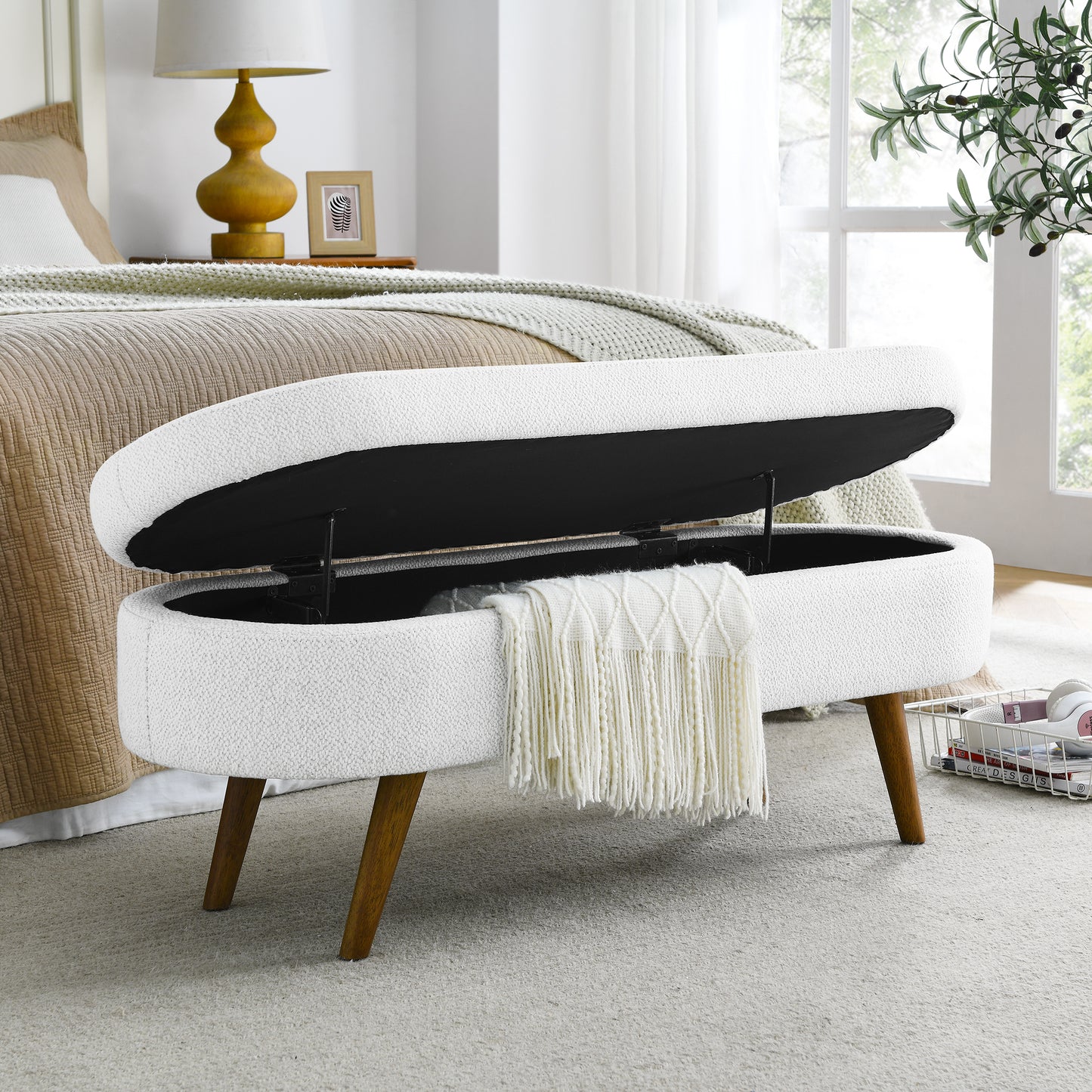 Oval Shaped Ottoman Linen Storage Bench with Wooden Legs- White_4