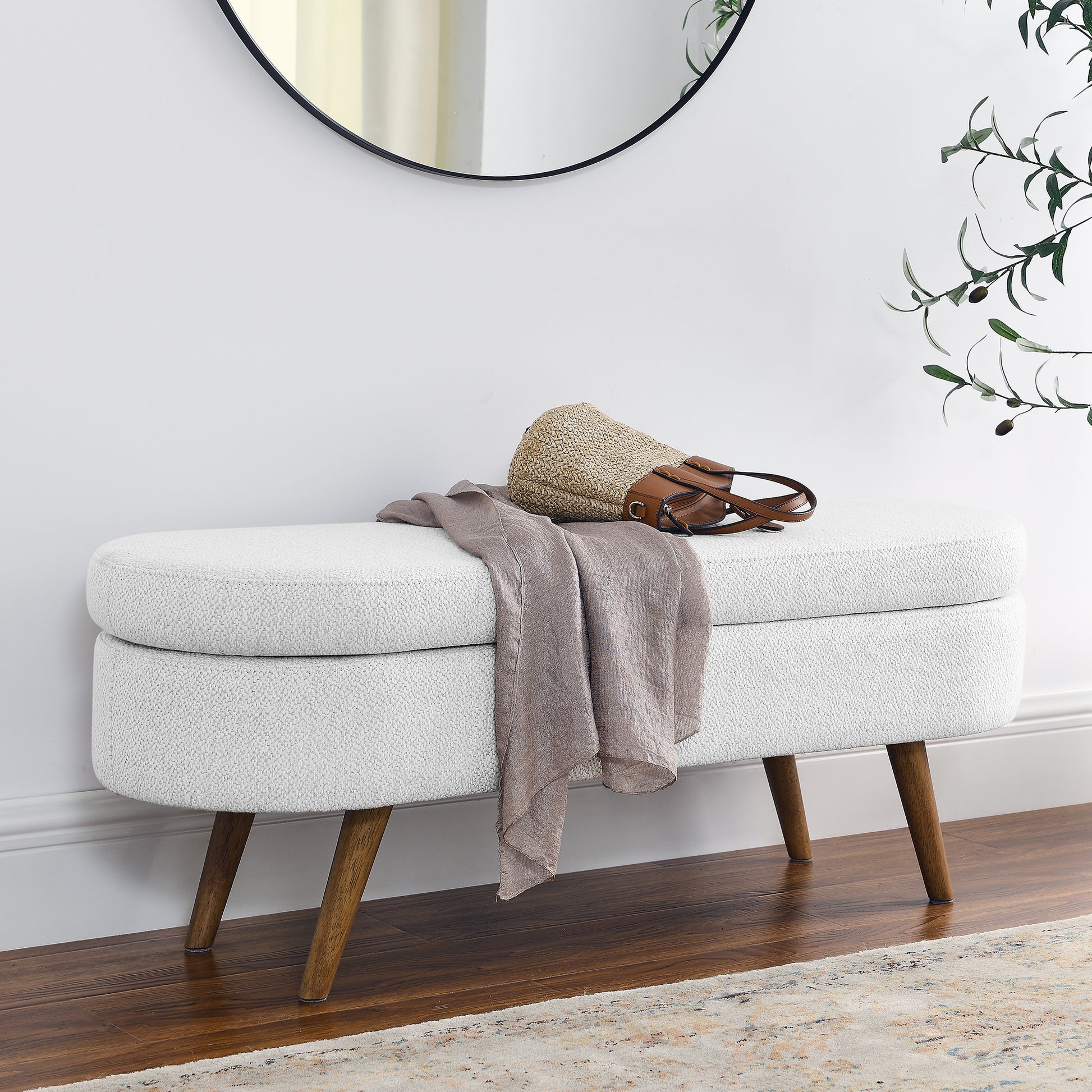 Oval Shaped Ottoman Linen Storage Bench with Wooden Legs- White_0