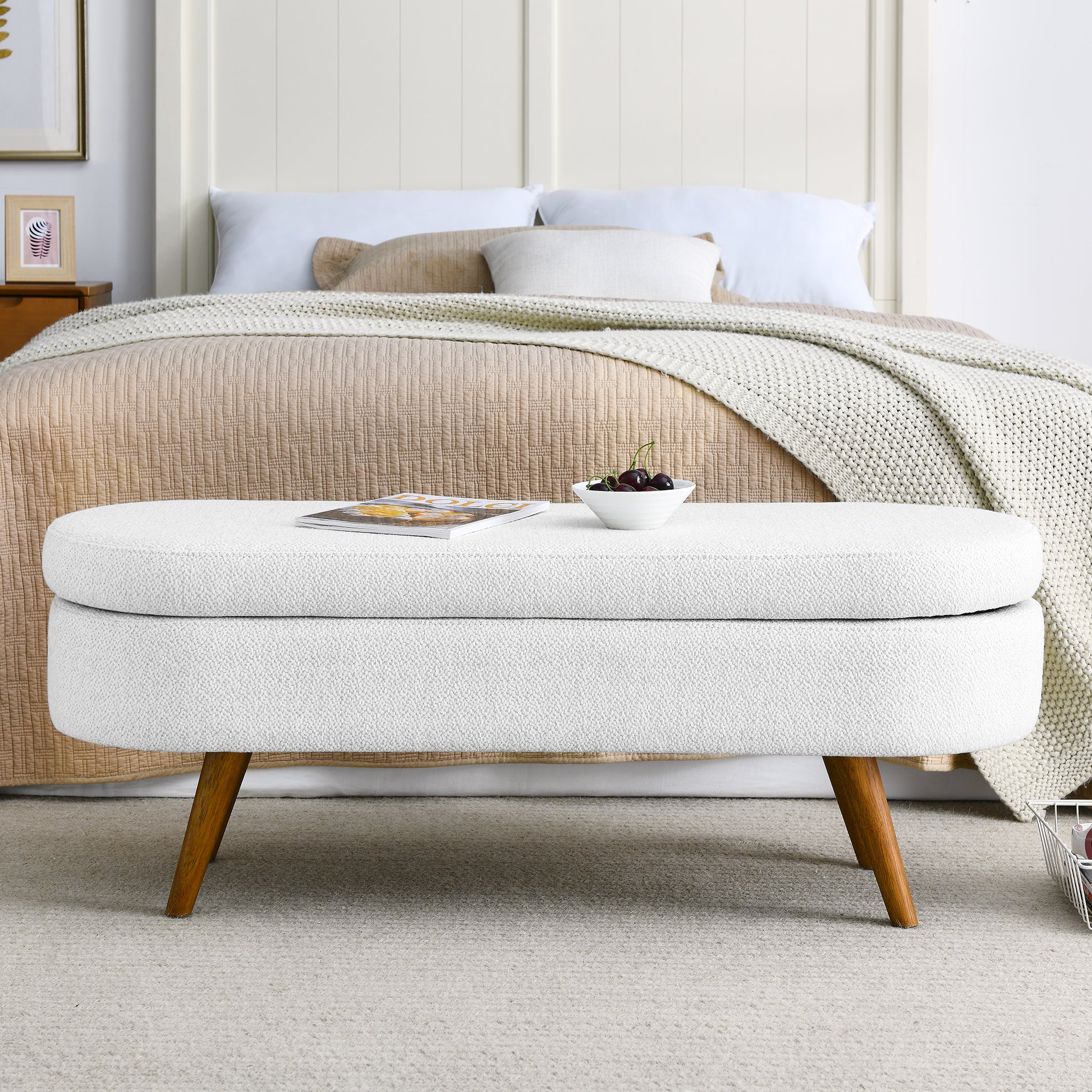 Oval Shaped Ottoman Linen Storage Bench with Wooden Legs- White_5