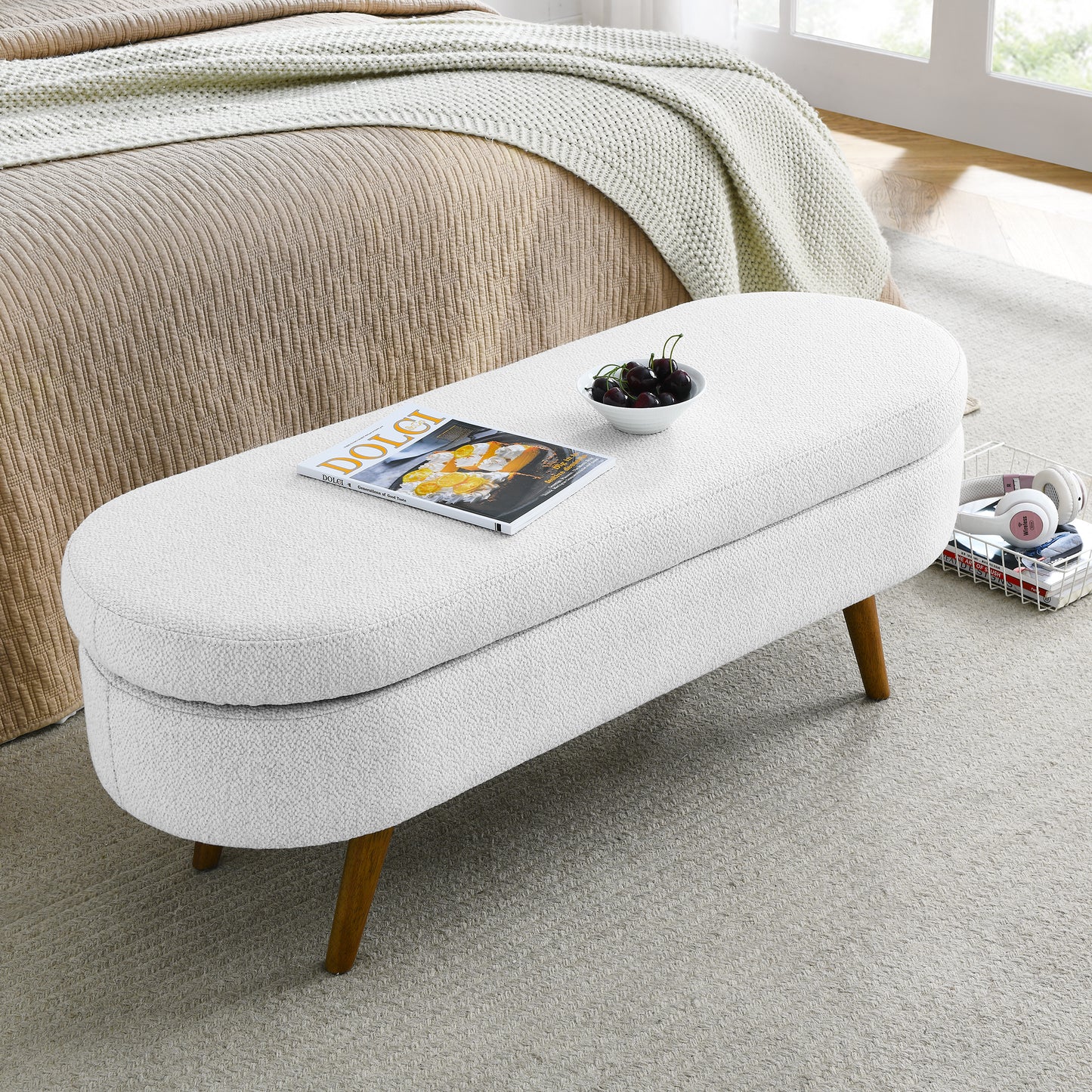 Oval Shaped Ottoman Linen Storage Bench with Wooden Legs- White_3