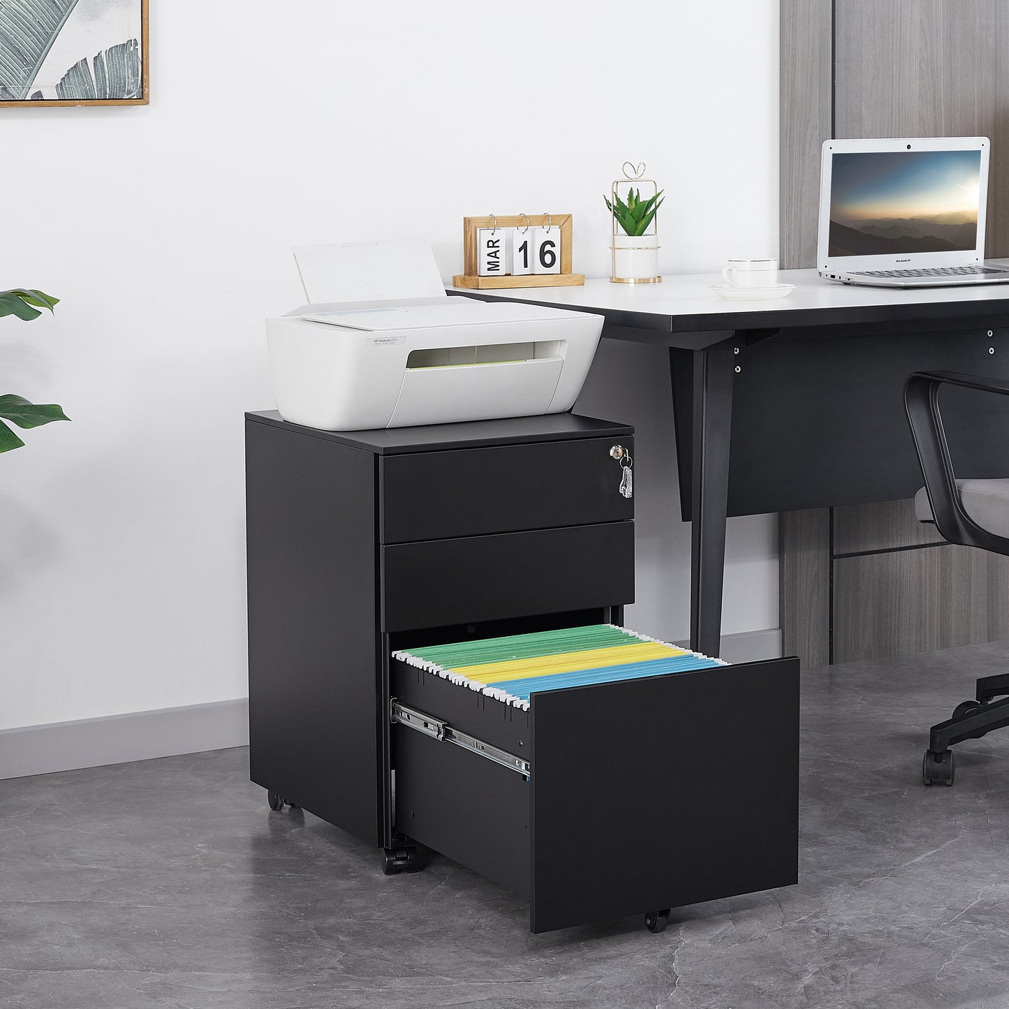 3 Drawers Under the Desk Office File Cabinet with Rolling Wheels and Lock- Black_1