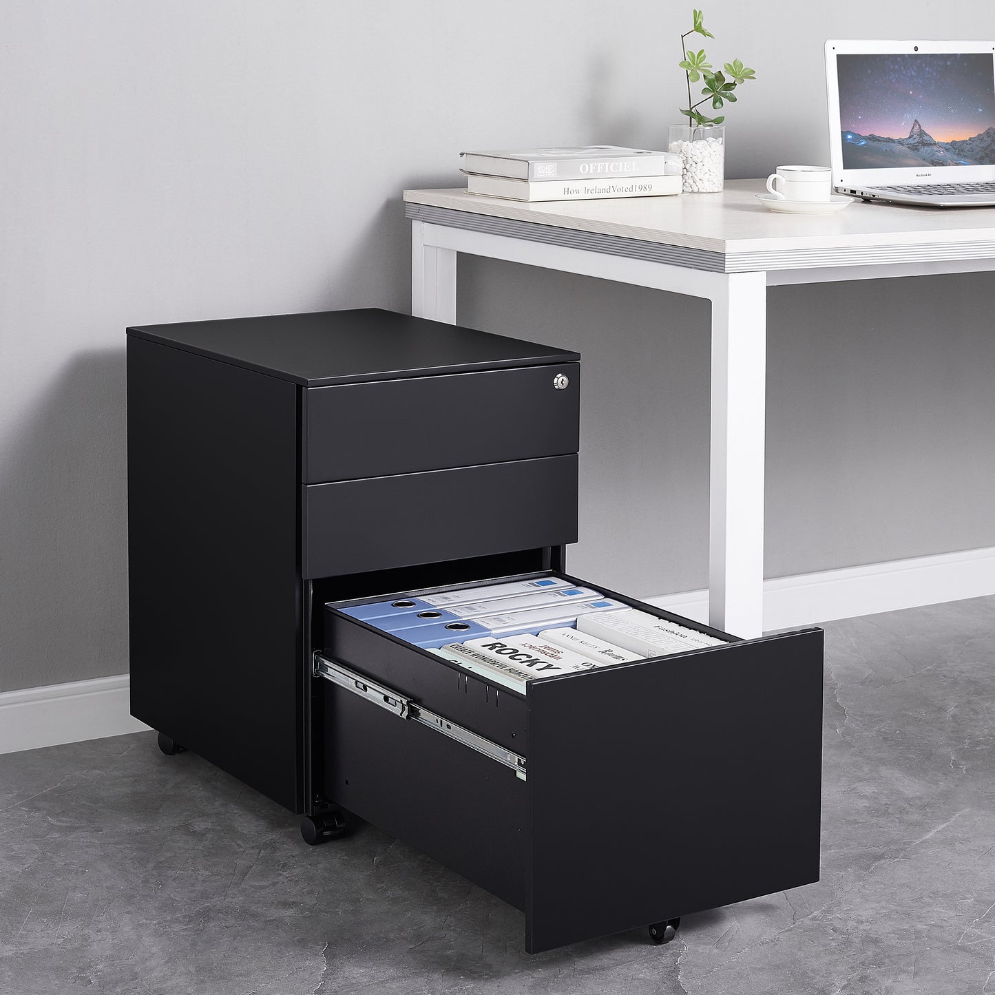 3 Drawers Under the Desk Office File Cabinet with Rolling Wheels and Lock- Black_23