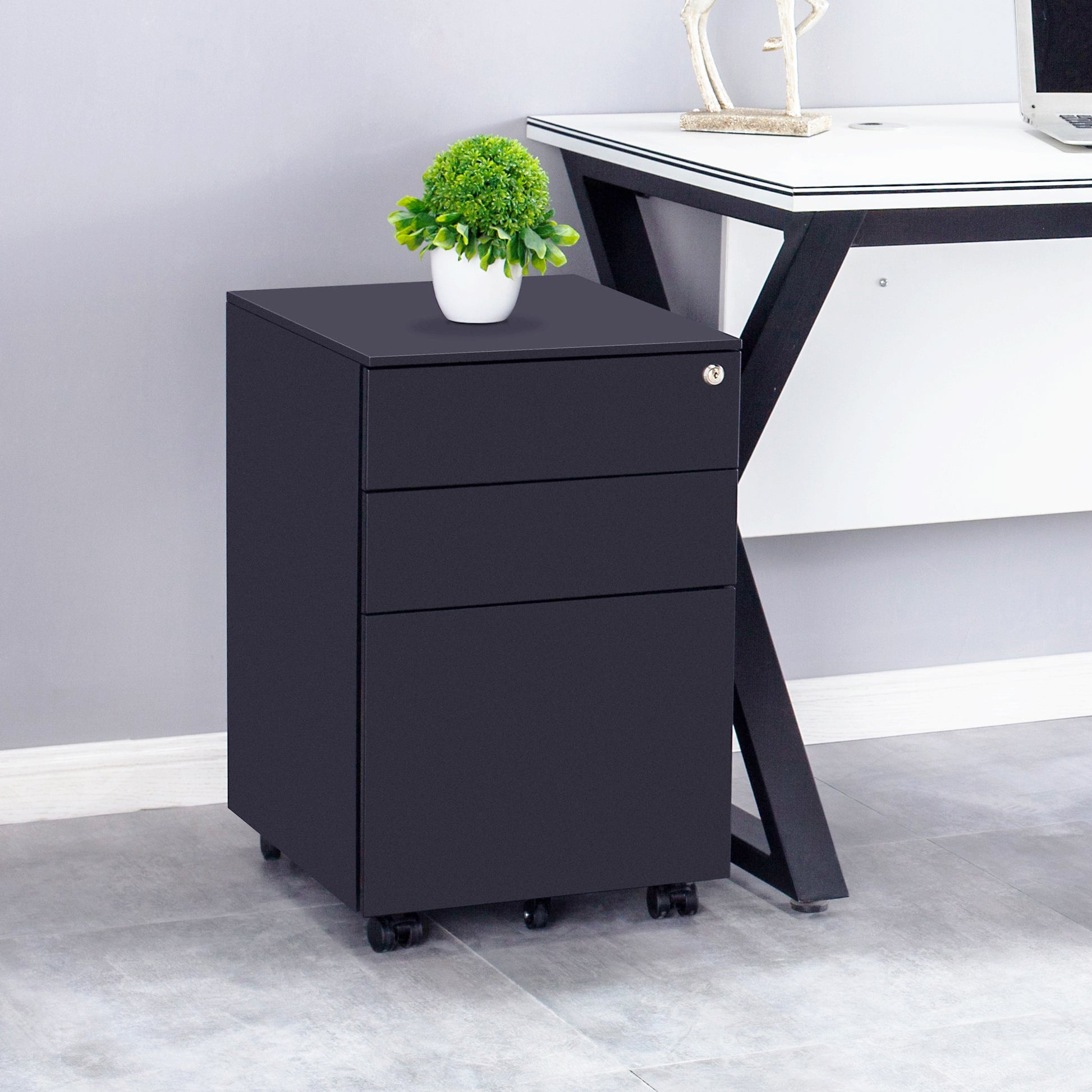 3 Drawers Under the Desk Office File Cabinet with Rolling Wheels and Lock- Black_16