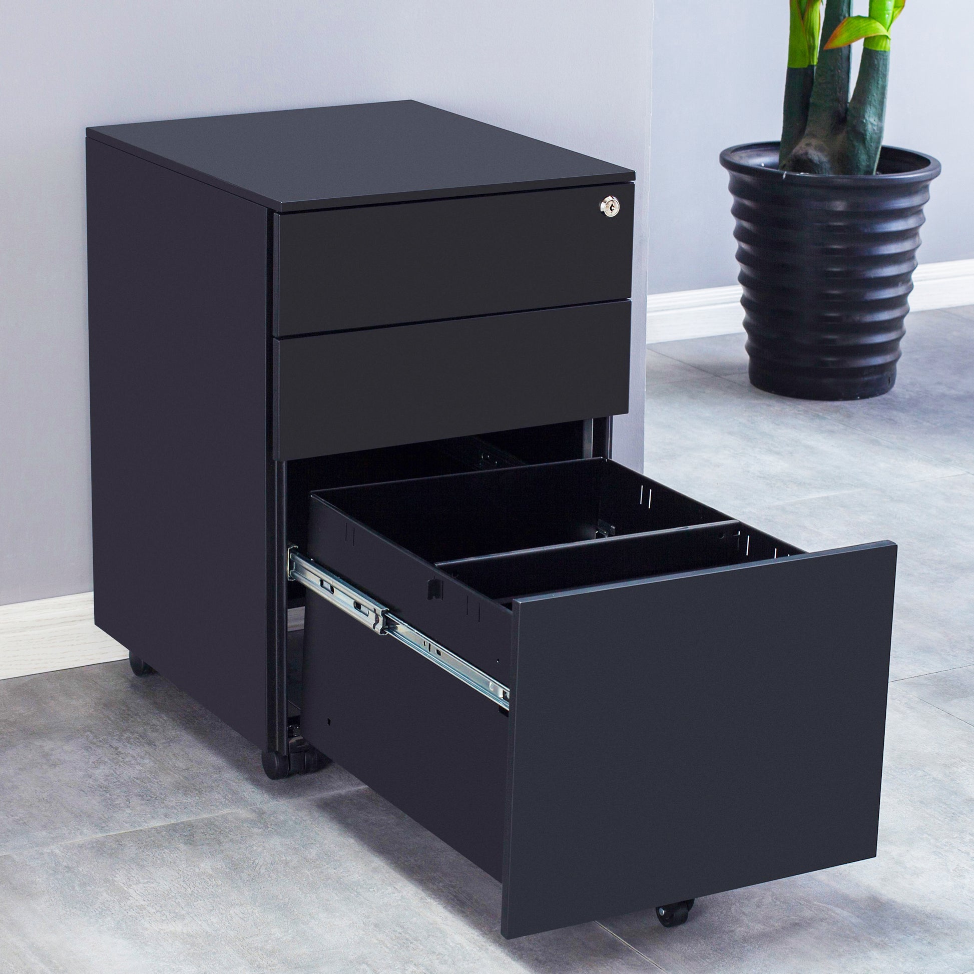 3 Drawers Under the Desk Office File Cabinet with Rolling Wheels and Lock- Black_17