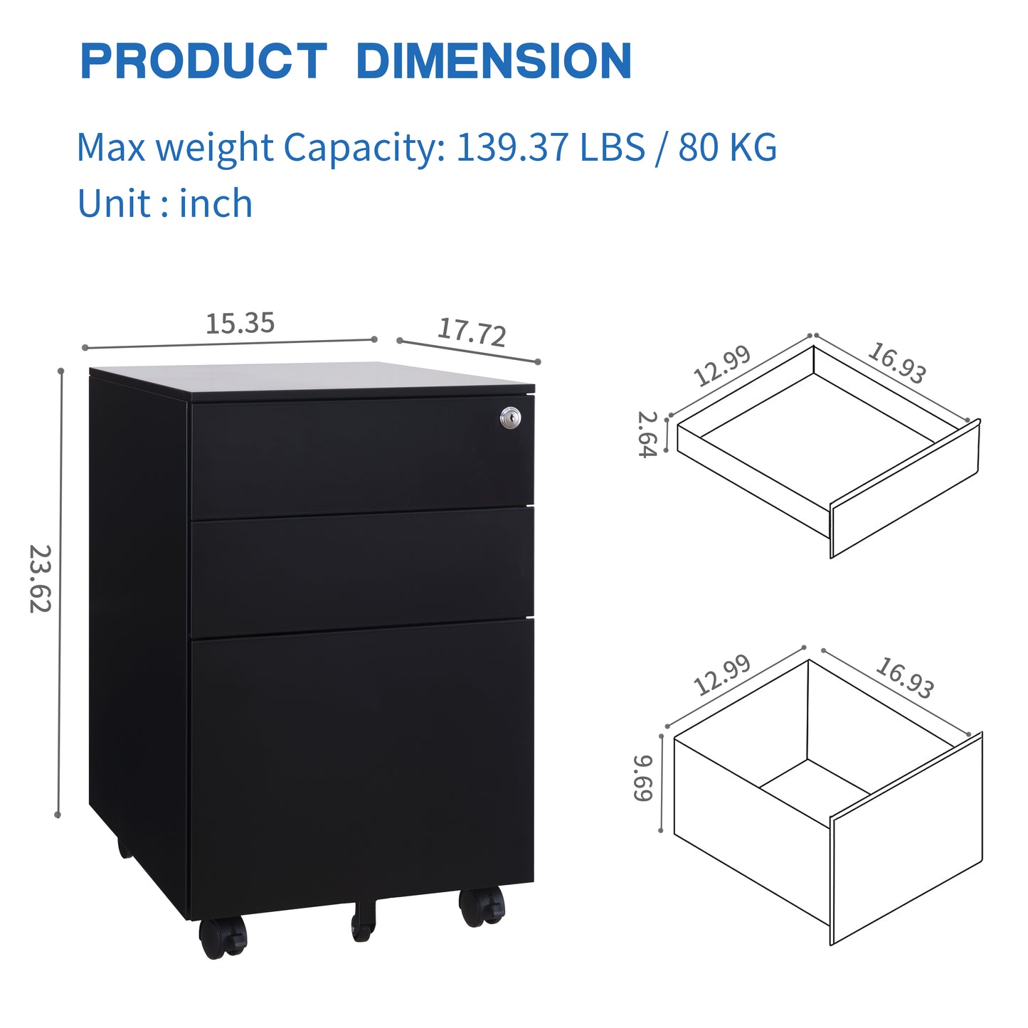 3 Drawers Under the Desk Office File Cabinet with Rolling Wheels and Lock- Black_5