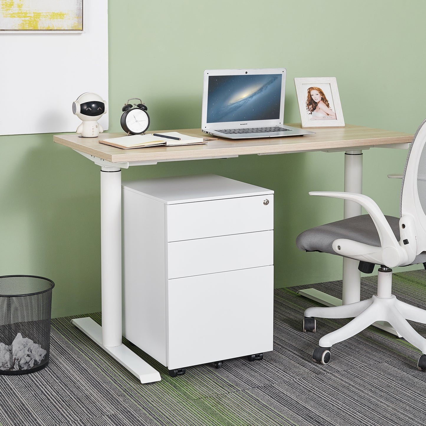 3 Drawers Under the Desk Office File Folder Cabinet with Rolling Wheels and Lock- White_9