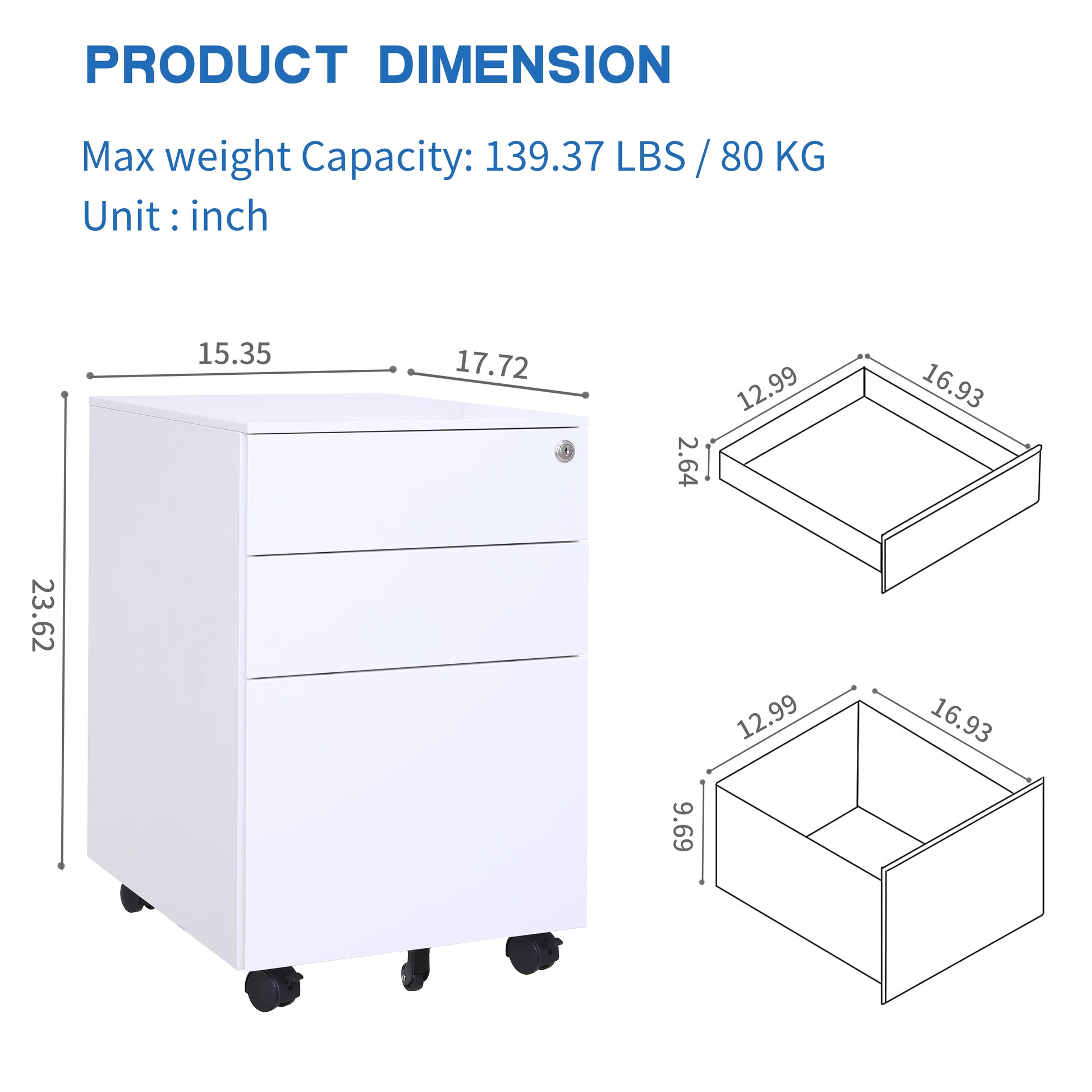 3 Drawers Under the Desk Office File Folder Cabinet with Rolling Wheels and Lock- White_4