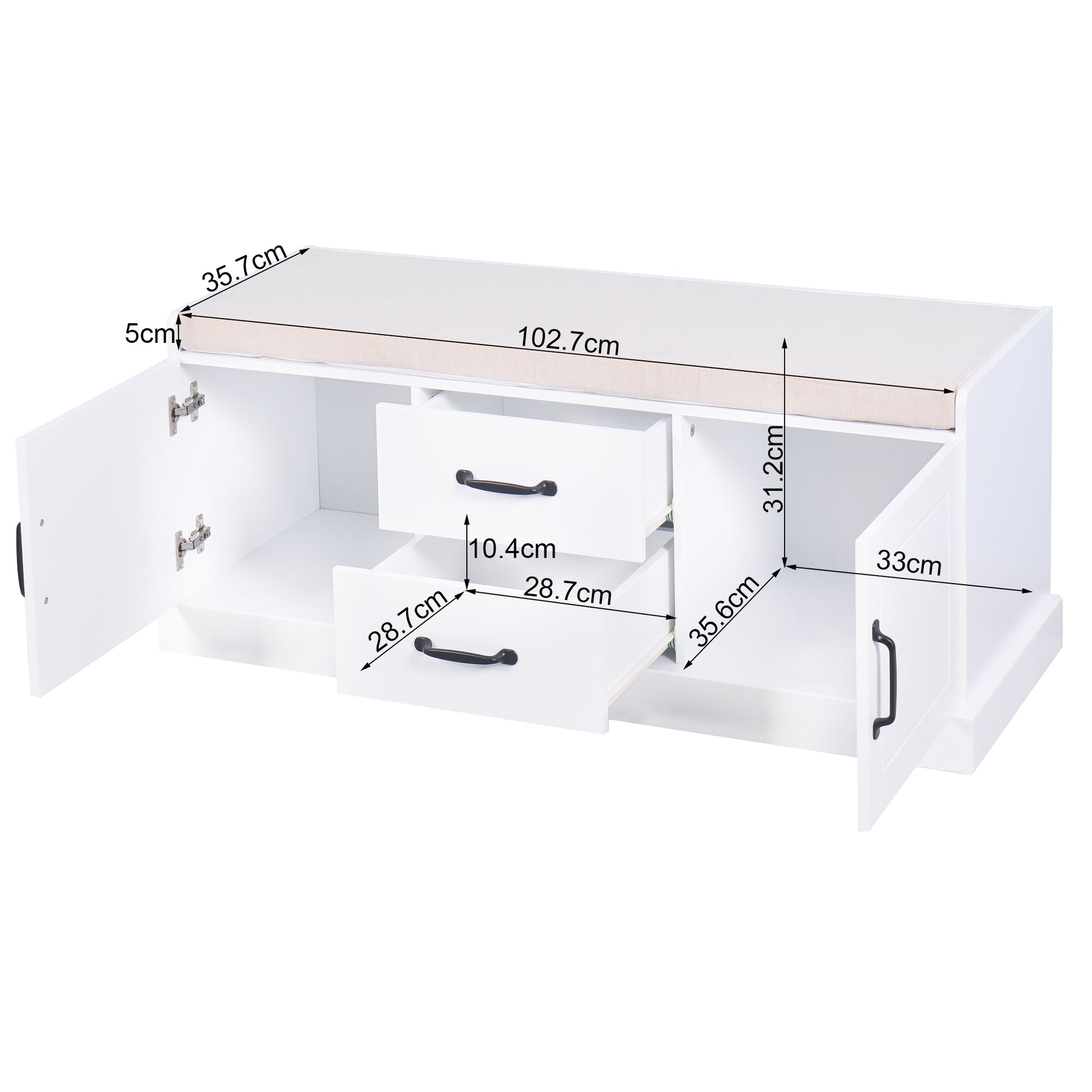 2 Doors 2 Cabinets Wooden Entryway Shoe Cabinet Storage Bench with White Cushion_3