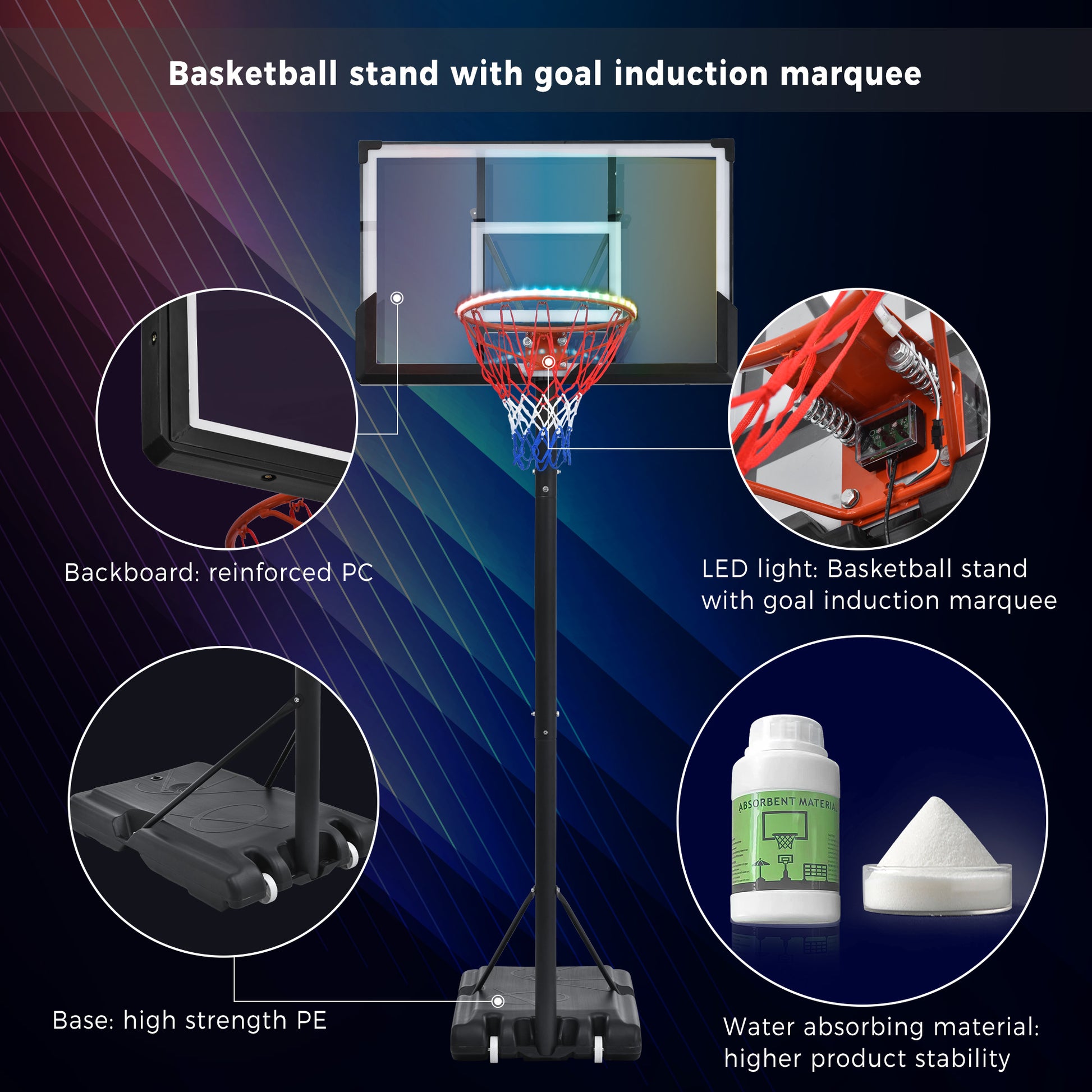 Height Adjustable Waterproof Portable Basketball Hoop System with Colorful Lights_27