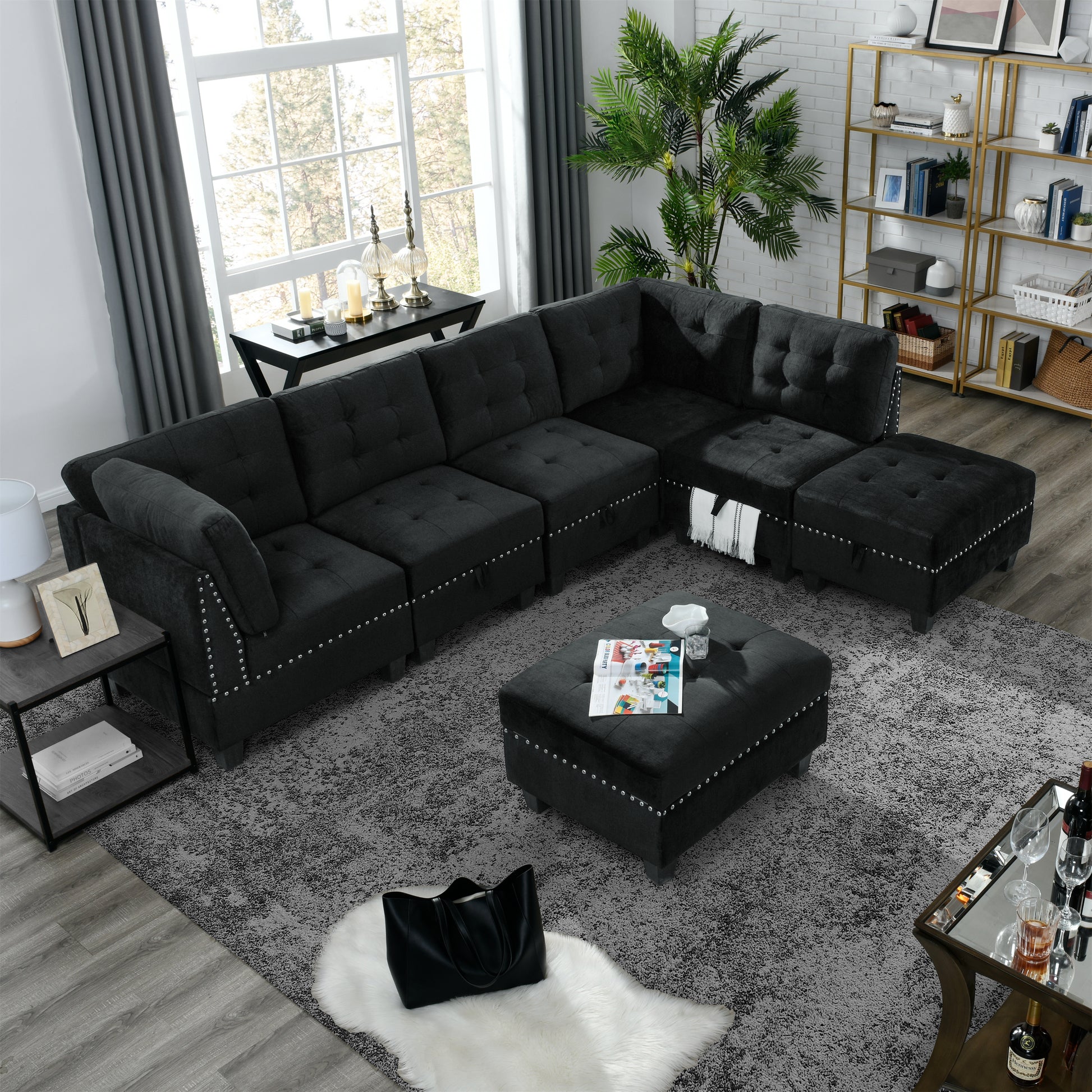 L-Shape Modular Sectional Sofa Couch Reversible Combination Ottoman- Black_7