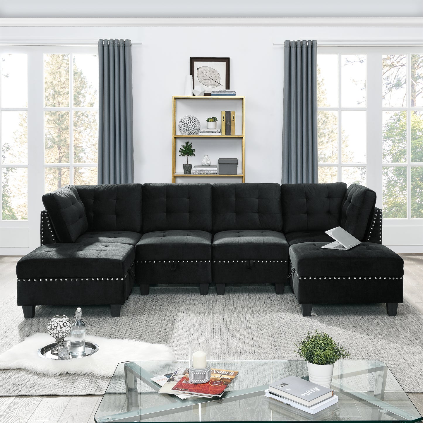 L-Shape Modular Sectional Sofa Couch Reversible Combination Ottoman- Black_3