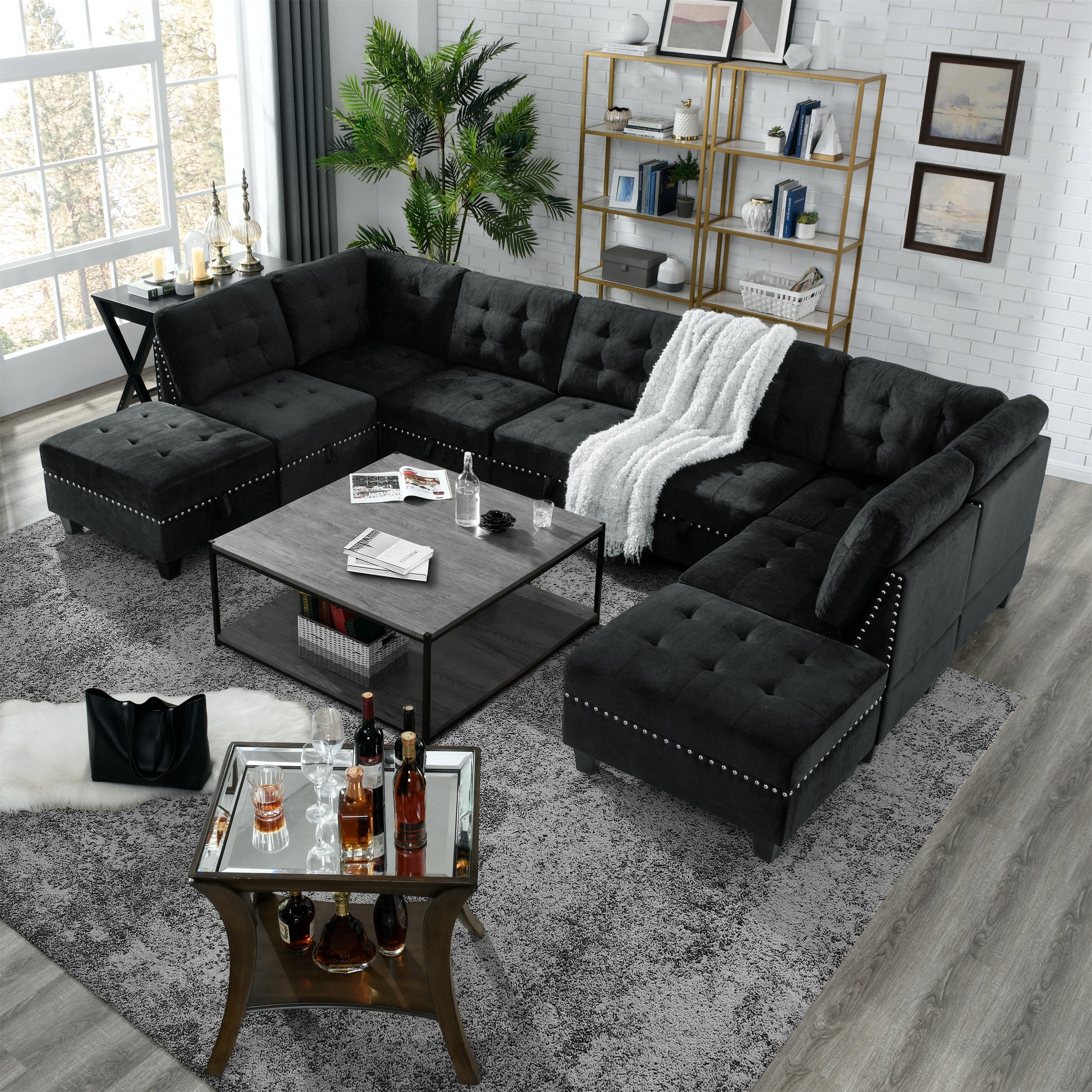 L-Shape Modular Sectional Sofa Couch Reversible Combination Ottoman- Black_5