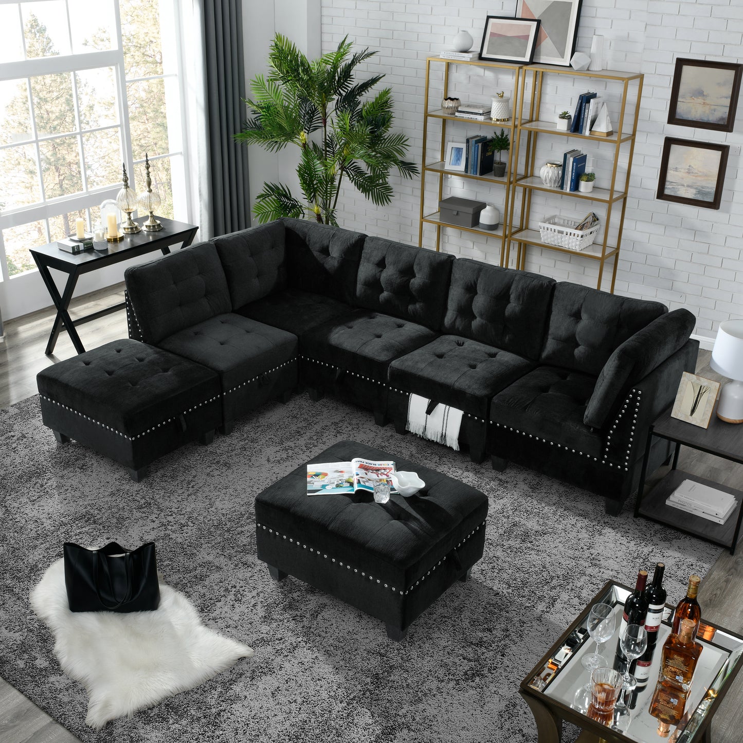 L-Shape Modular Sectional Sofa Couch Reversible Combination Ottoman- Black_6