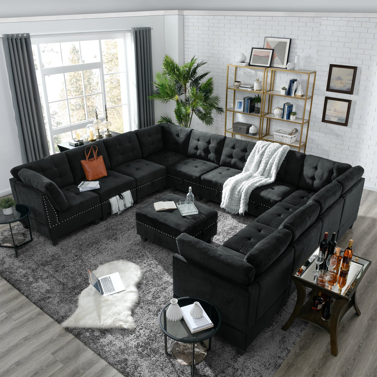 L-Shape Modular Sectional Sofa Couch Reversible Combination Ottoman- Black_4