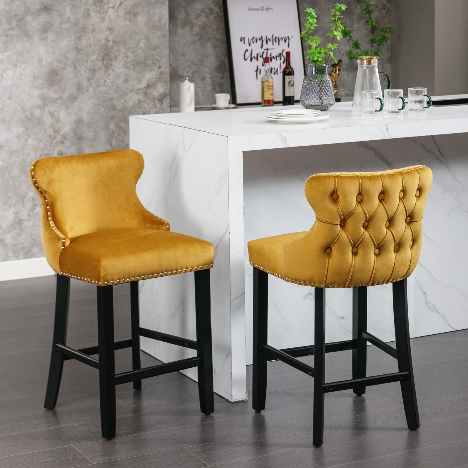 2pcs Chrome Accent Wingback Bar Stools Tufted Velvet with Nailhead and Black Legs- Gold_1