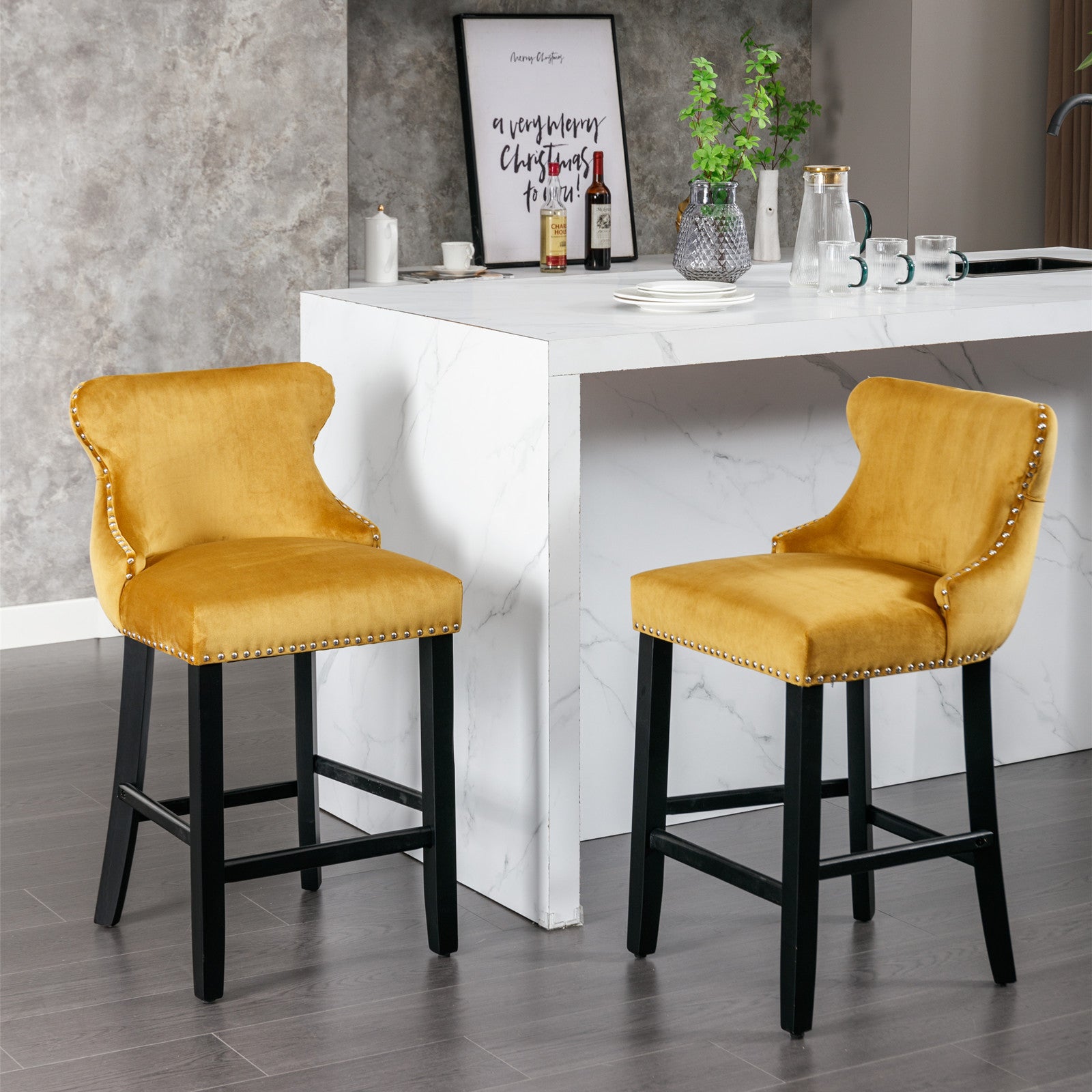 2pcs Chrome Accent Wingback Bar Stools Tufted Velvet with Nailhead and Black Legs- Gold_14