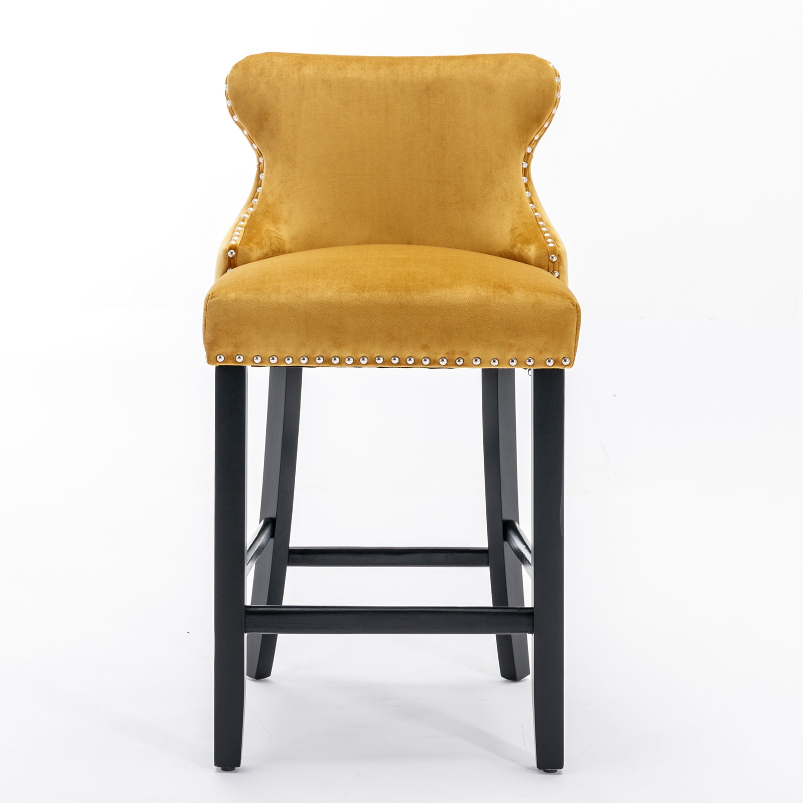 2pcs Chrome Accent Wingback Bar Stools Tufted Velvet with Nailhead and Black Legs- Gold_2