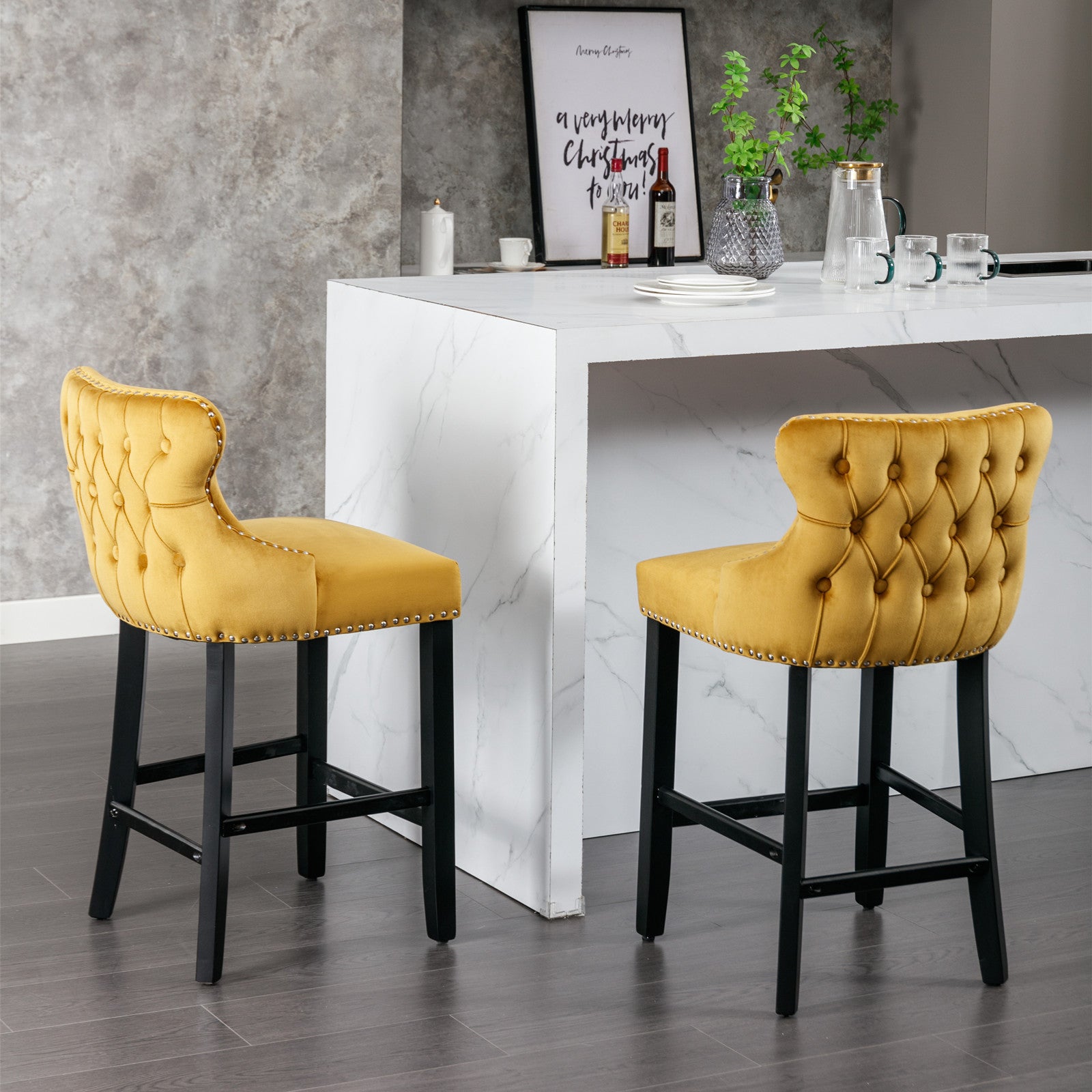 2pcs Chrome Accent Wingback Bar Stools Tufted Velvet with Nailhead and Black Legs- Gold_15