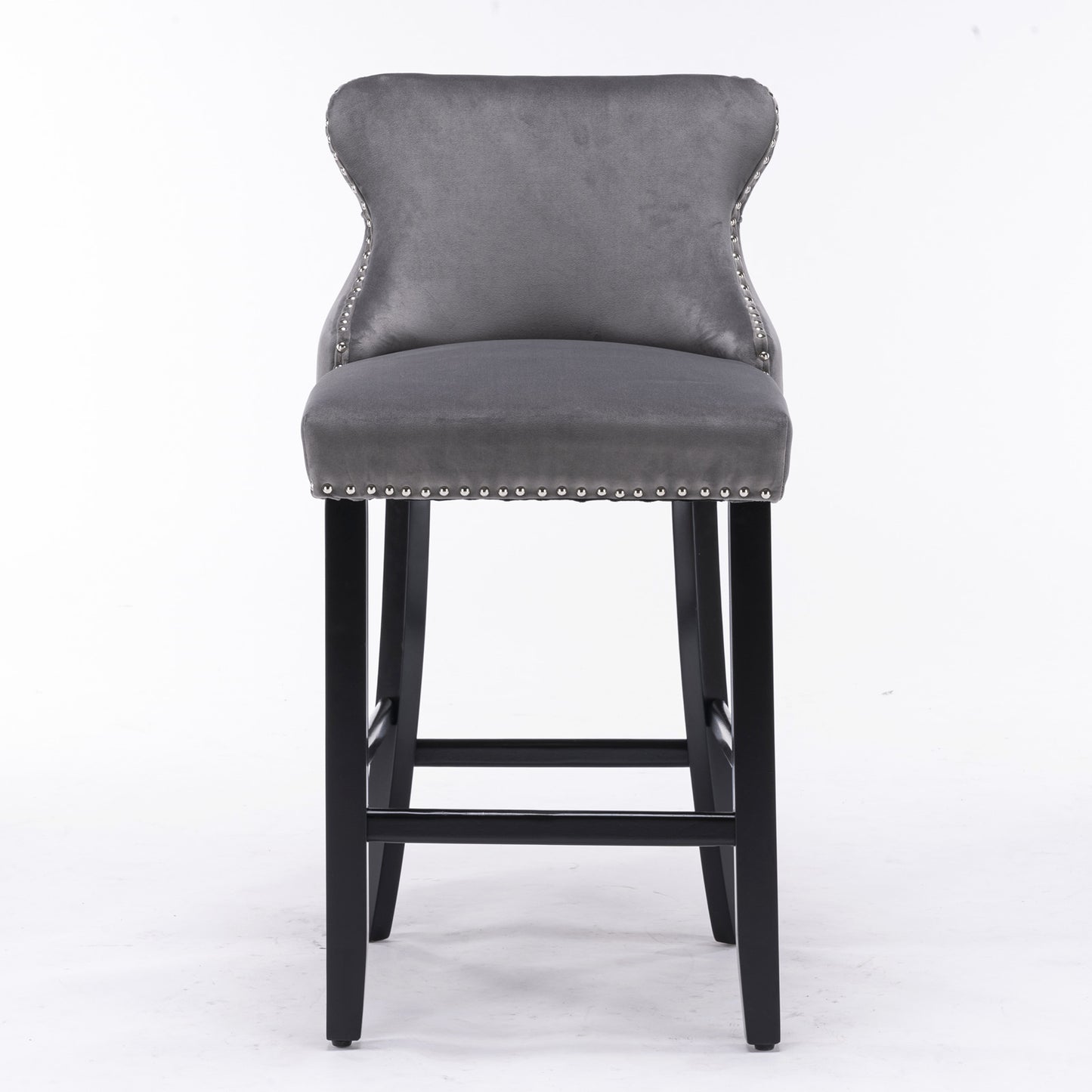 2pcs Chrome Accent Wingback Bar Stools Tufted Velvet with Nailhead and Black Legs- Grey_2