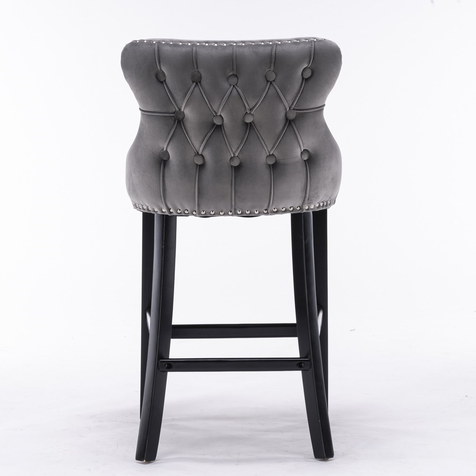 2pcs Chrome Accent Wingback Bar Stools Tufted Velvet with Nailhead and Black Legs- Grey_6