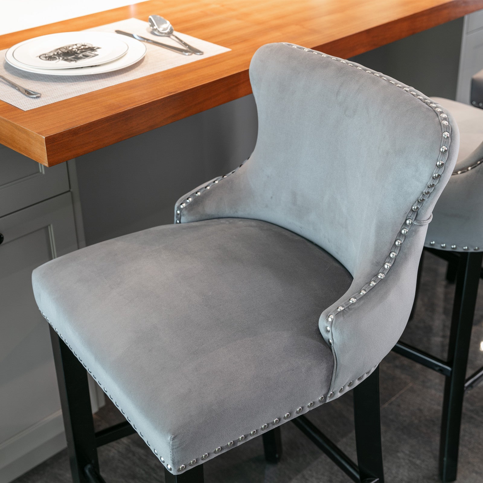 2pcs Chrome Accent Wingback Bar Stools Tufted Velvet with Nailhead and Black Legs- Grey_12