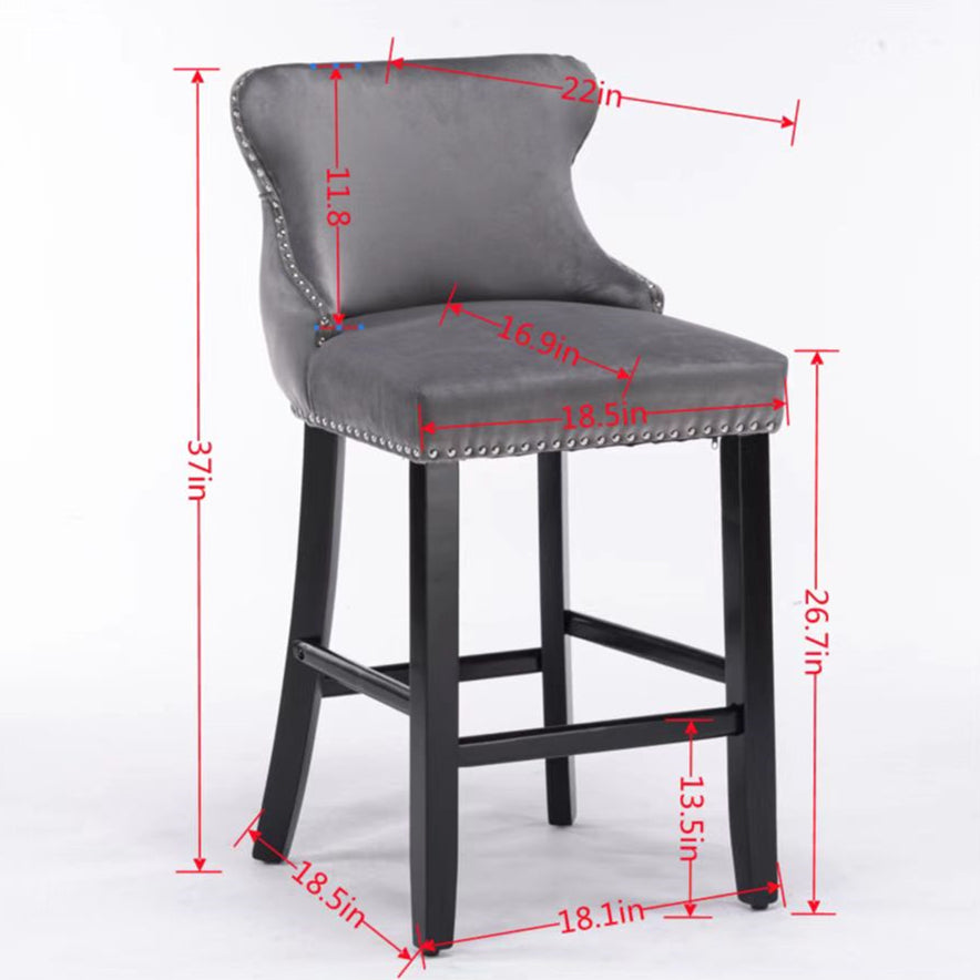 2pcs Chrome Accent Wingback Bar Stools Tufted Velvet with Nailhead and Black Legs- Grey_10