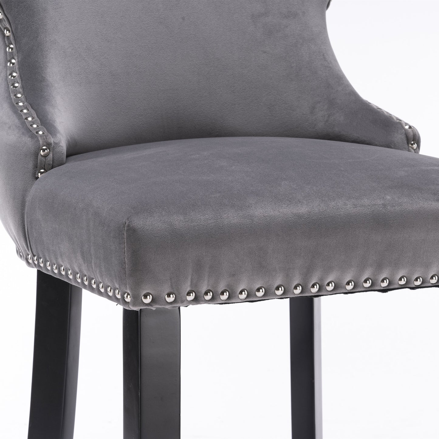 2pcs Chrome Accent Wingback Bar Stools Tufted Velvet with Nailhead and Black Legs- Grey_7