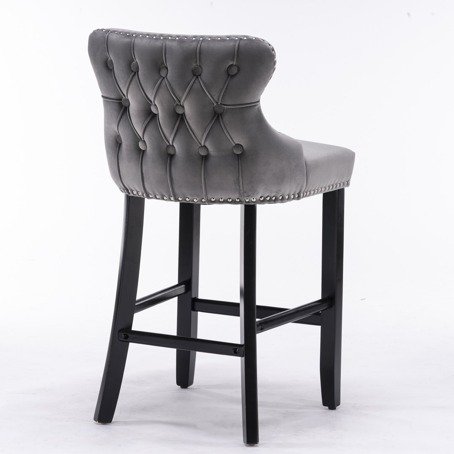 2pcs Chrome Accent Wingback Bar Stools Tufted Velvet with Nailhead and Black Legs- Grey_5