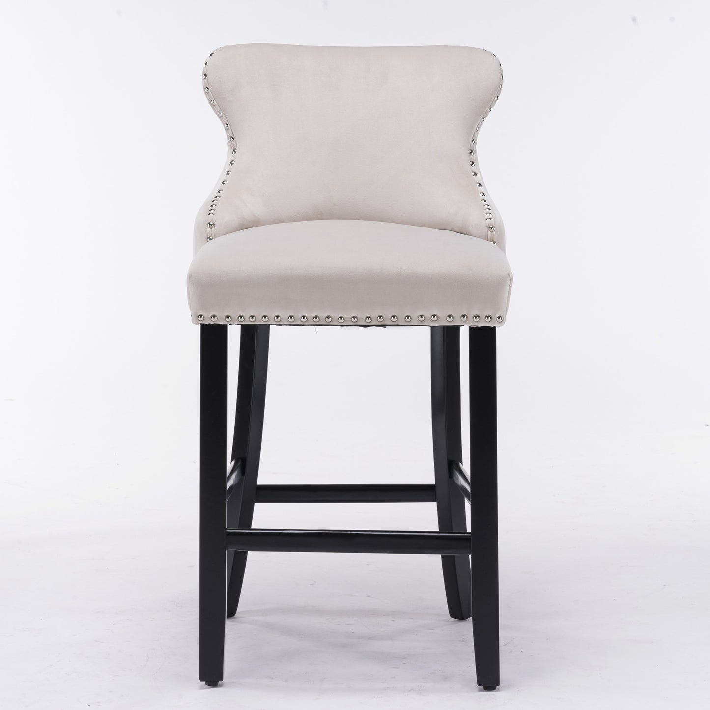 2pcs Chrome Accent Wingback Bar Stools Tufted Velvet with Nailhead and Black Legs- Beige_2