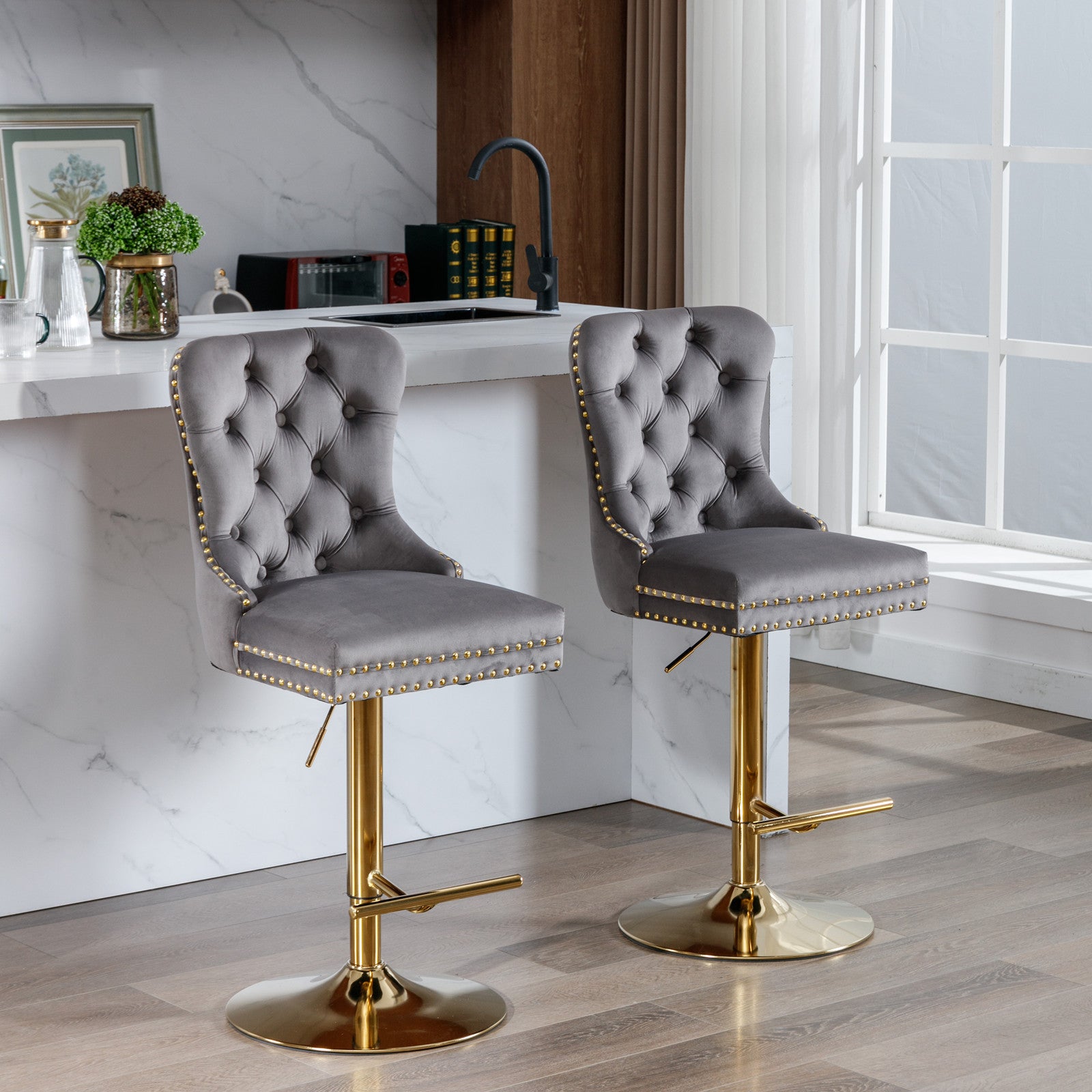 Set of 2 Height Adjustable Upholstered Tufted Velvet Armless Bar Stools with Gold Details- Gray_0