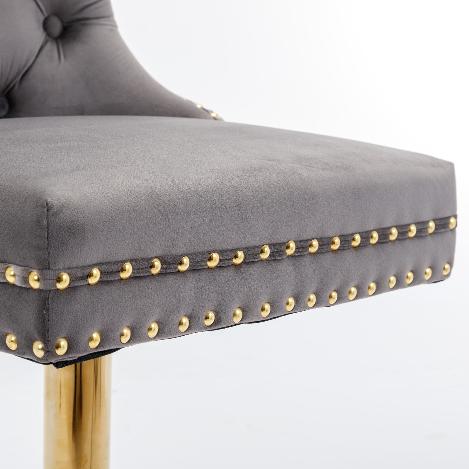 Set of 2 Height Adjustable Upholstered Tufted Velvet Armless Bar Stools with Gold Details- Gray_12