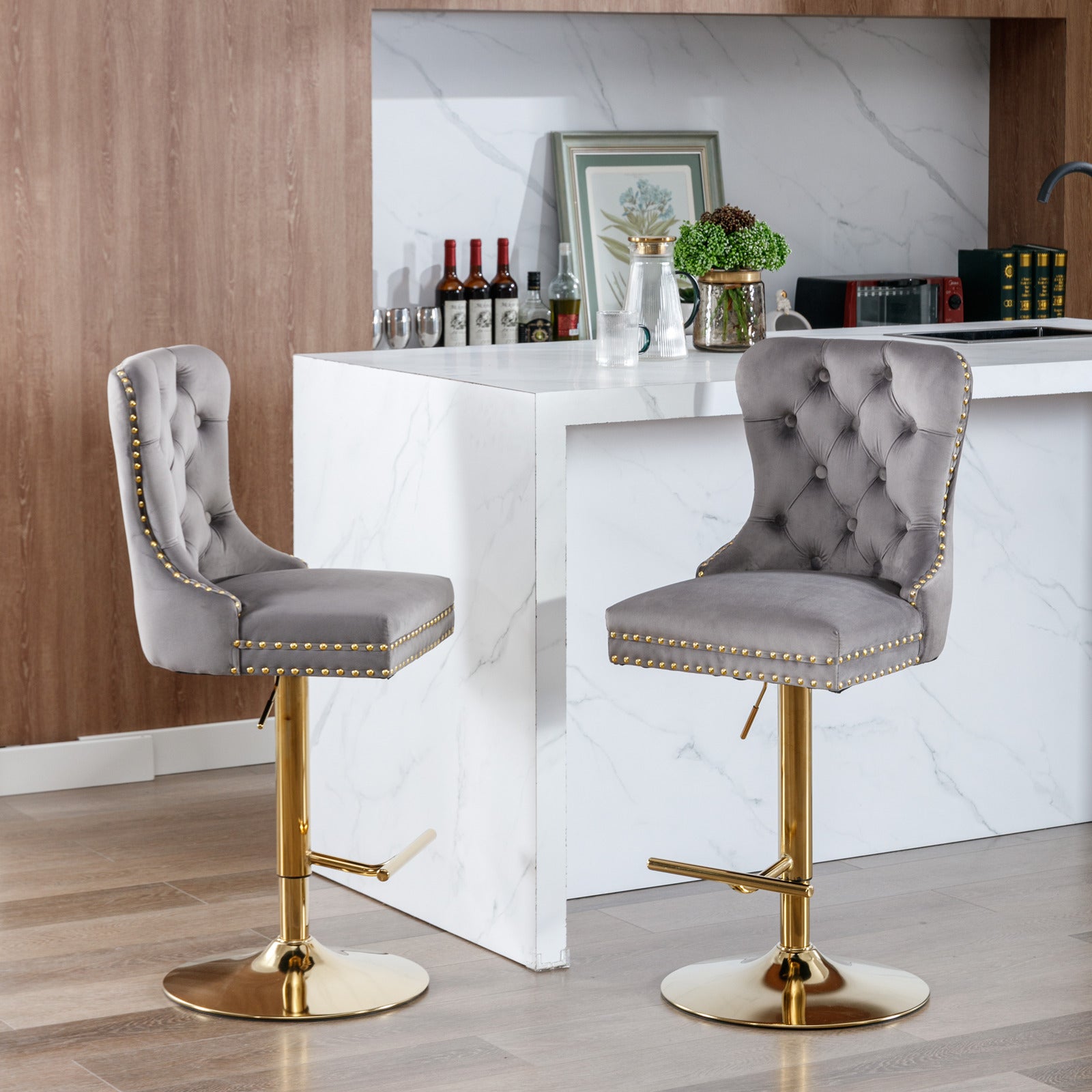 Set of 2 Height Adjustable Upholstered Tufted Velvet Armless Bar Stools with Gold Details- Gray_19