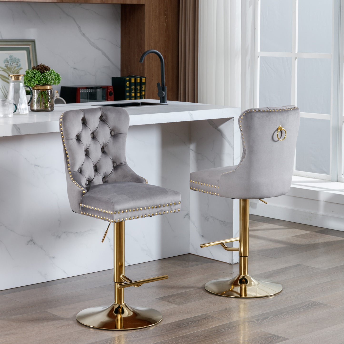 Set of 2 Height Adjustable Upholstered Tufted Velvet Armless Bar Stools with Gold Details- Gray_18