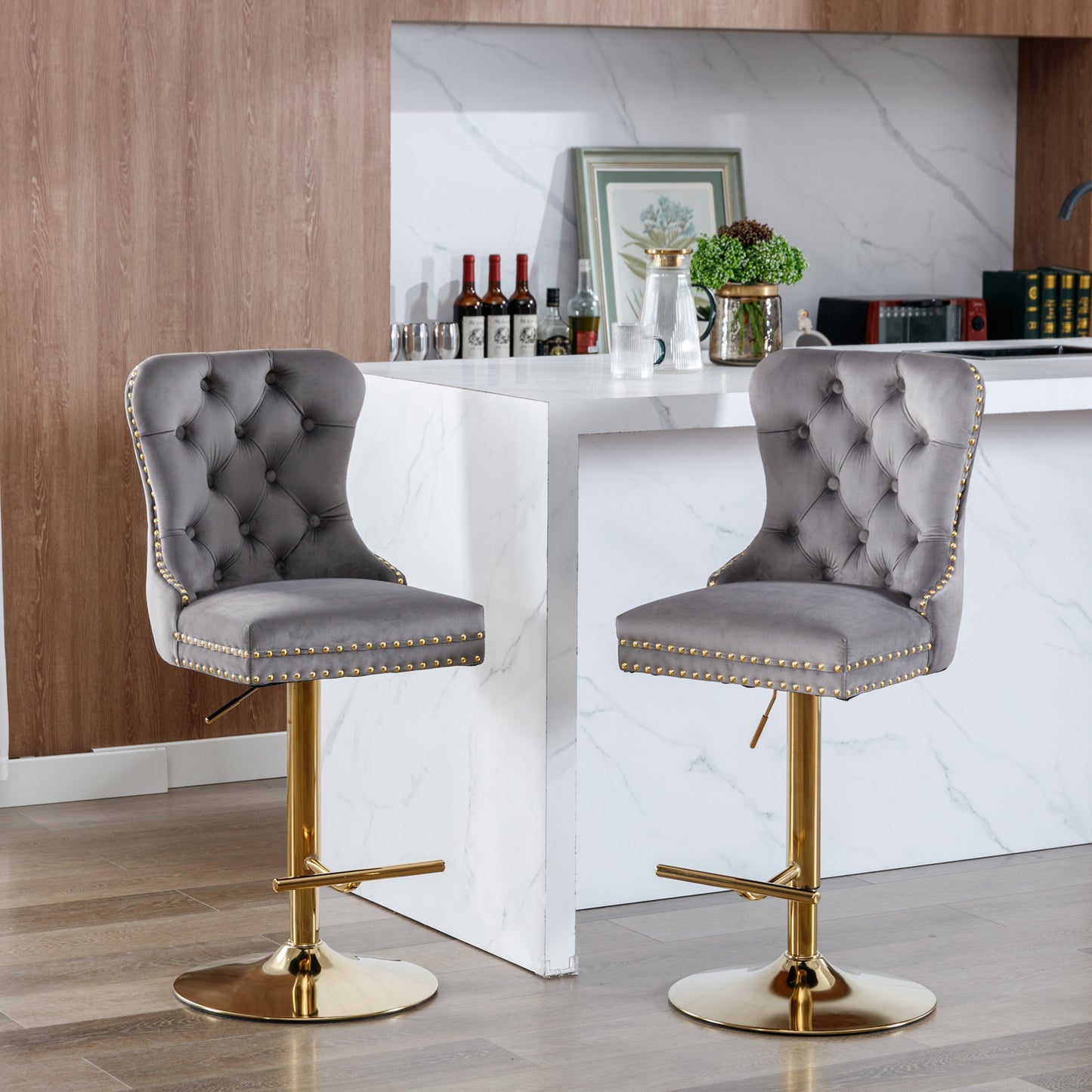 Set of 2 Height Adjustable Upholstered Tufted Velvet Armless Bar Stools with Gold Details- Gray_15