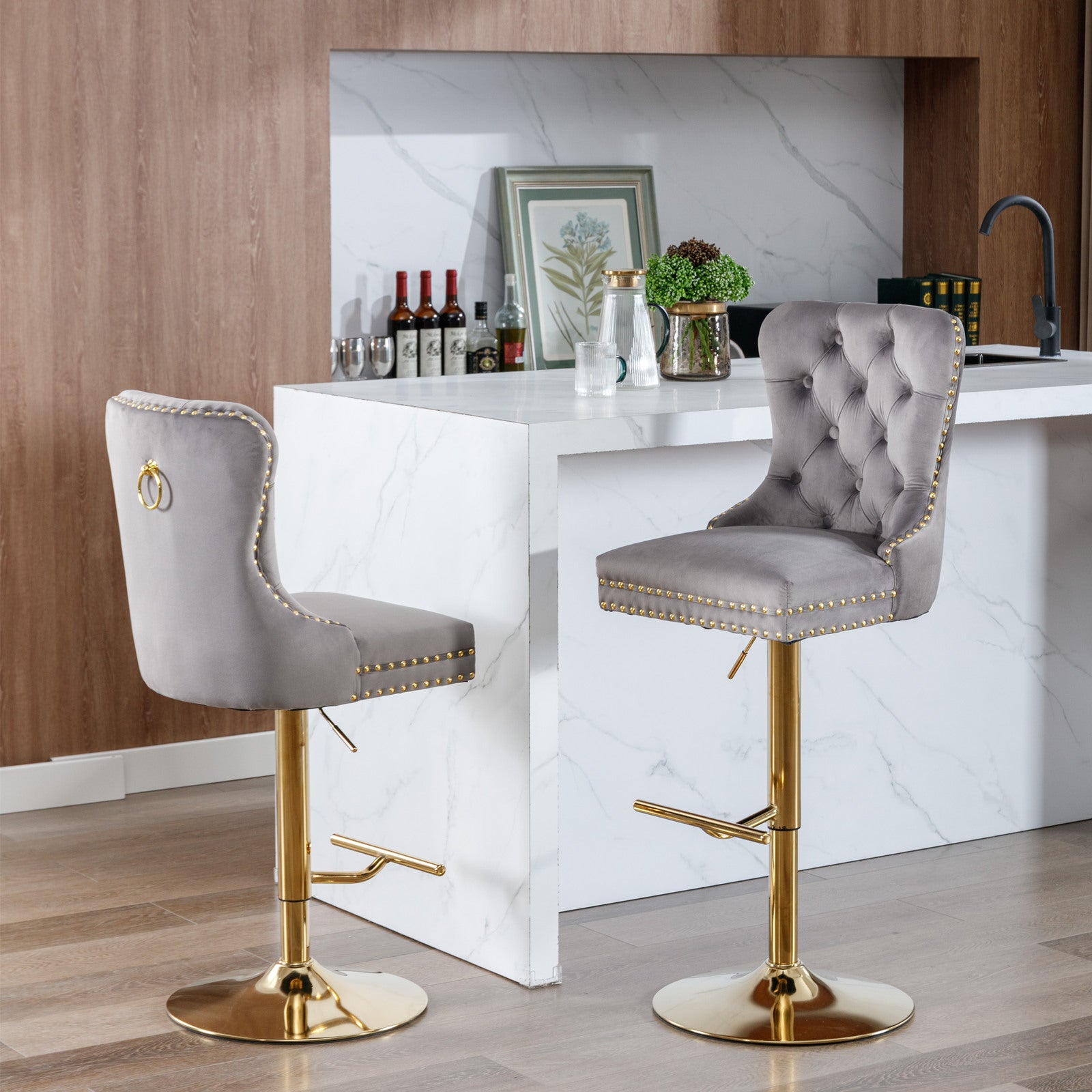 Set of 2 Height Adjustable Upholstered Tufted Velvet Armless Bar Stools with Gold Details- Gray_17