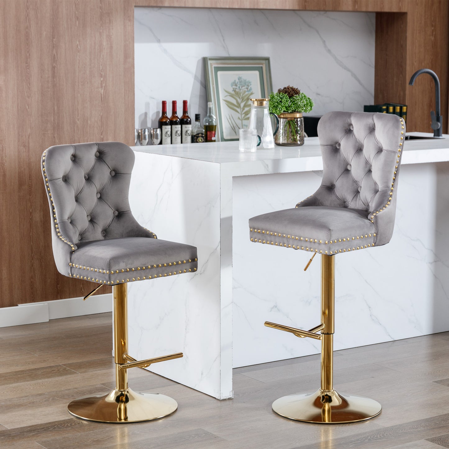 Set of 2 Height Adjustable Upholstered Tufted Velvet Armless Bar Stools with Gold Details- Gray_16