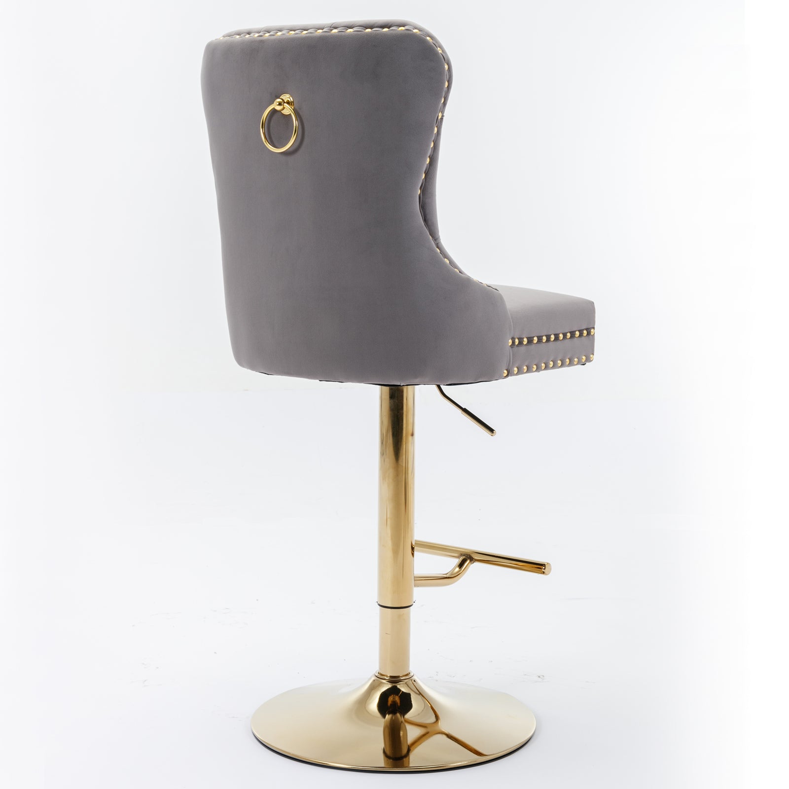 Set of 2 Height Adjustable Upholstered Tufted Velvet Armless Bar Stools with Gold Details- Gray_5