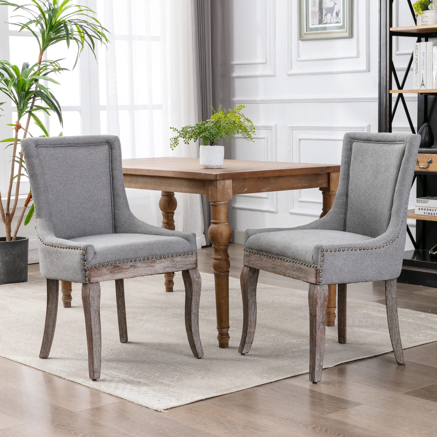 Mid-Century Modern Dining Accent Chair Set of 2 with Nailhead Trim- Gray_1