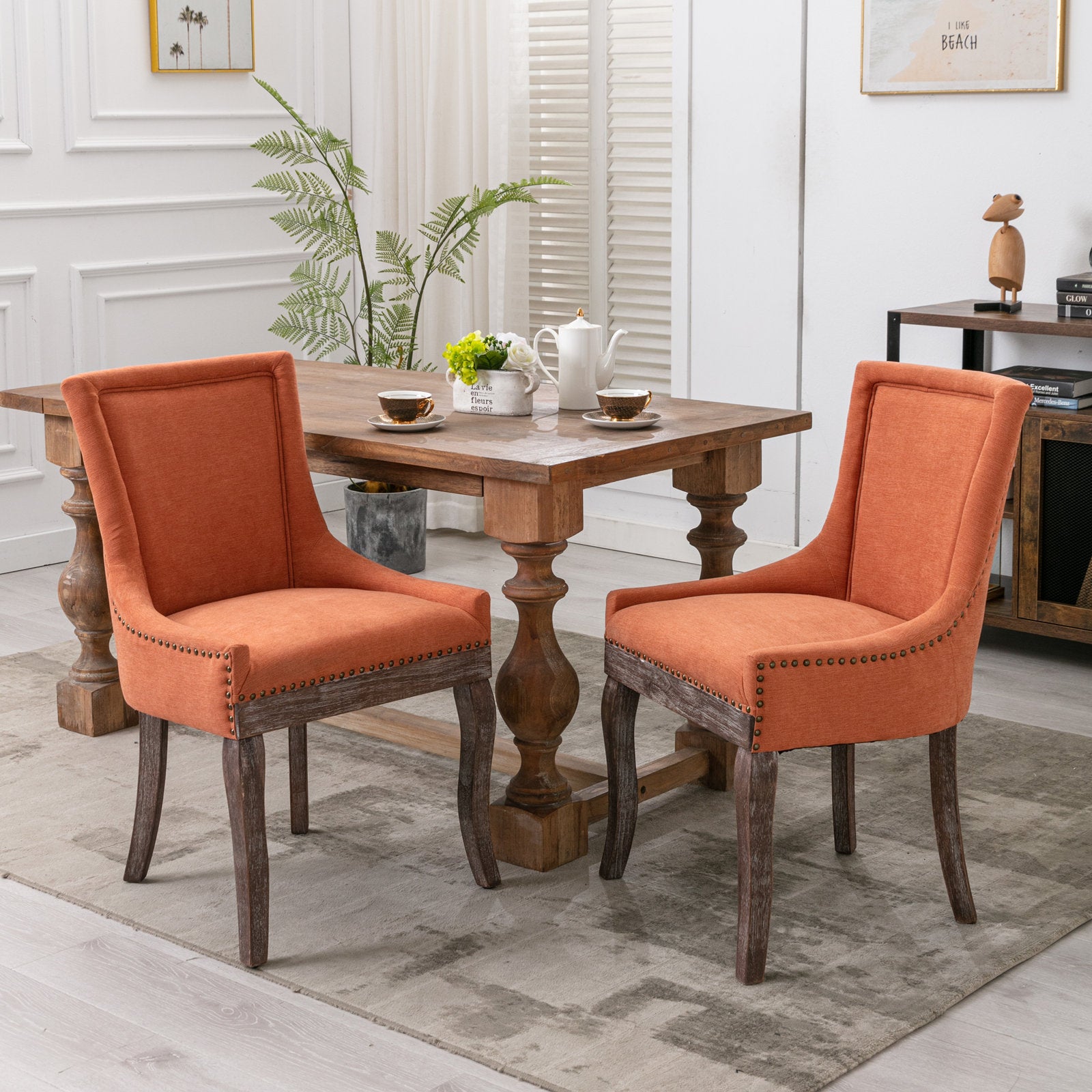 Mid-Century Modern Dining Accent Chair Set of 2 with Nailhead Trim- Orange_1