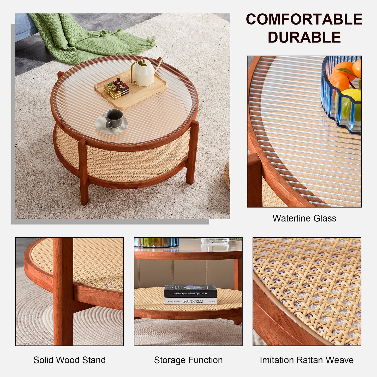 Modern and Simple Solid Wood Double Layered Circular Rattan Coffee Table- Walnut_14