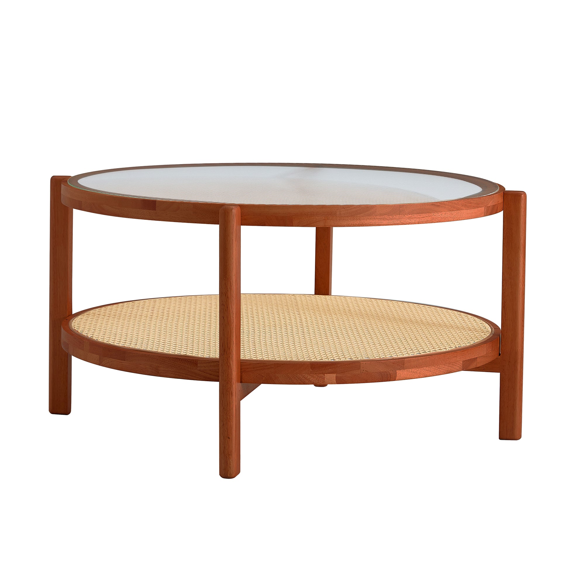 Modern and Simple Solid Wood Double Layered Circular Rattan Coffee Table- Walnut_11