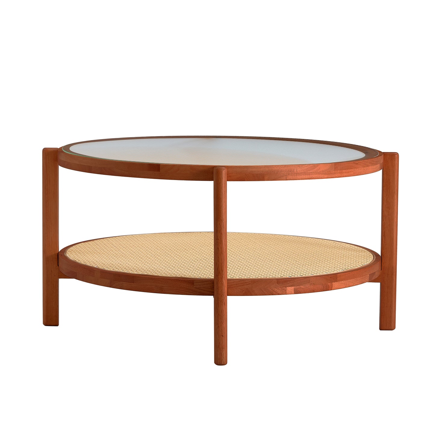 Modern and Simple Solid Wood Double Layered Circular Rattan Coffee Table- Walnut_12