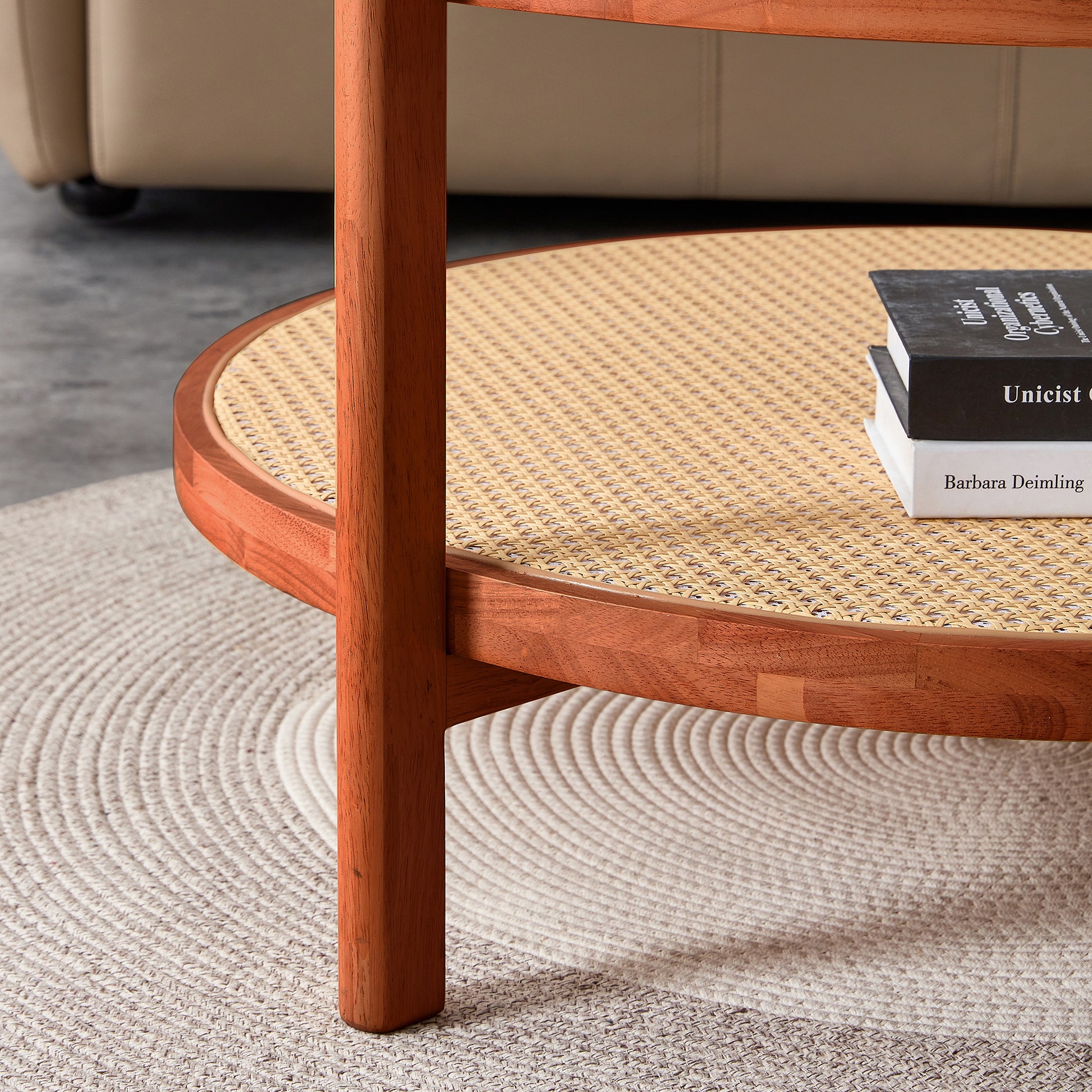 Modern and Simple Solid Wood Double Layered Circular Rattan Coffee Table- Walnut_8