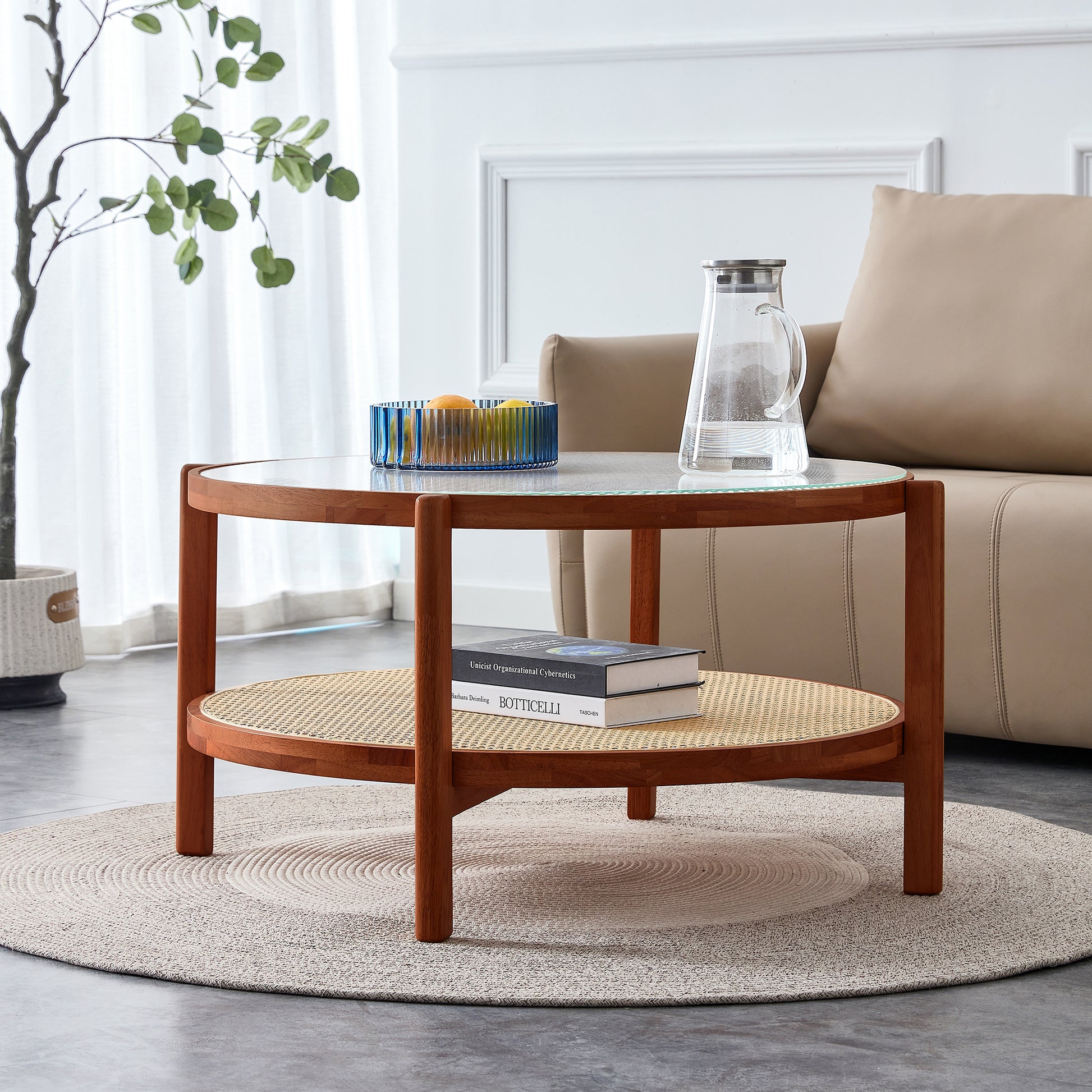 Modern and Simple Solid Wood Double Layered Circular Rattan Coffee Table- Walnut_3