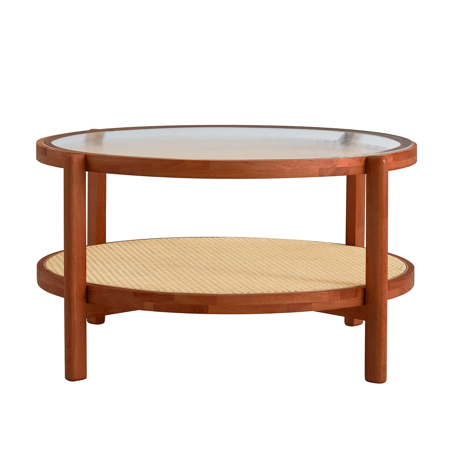 Modern and Simple Solid Wood Double Layered Circular Rattan Coffee Table- Walnut_10